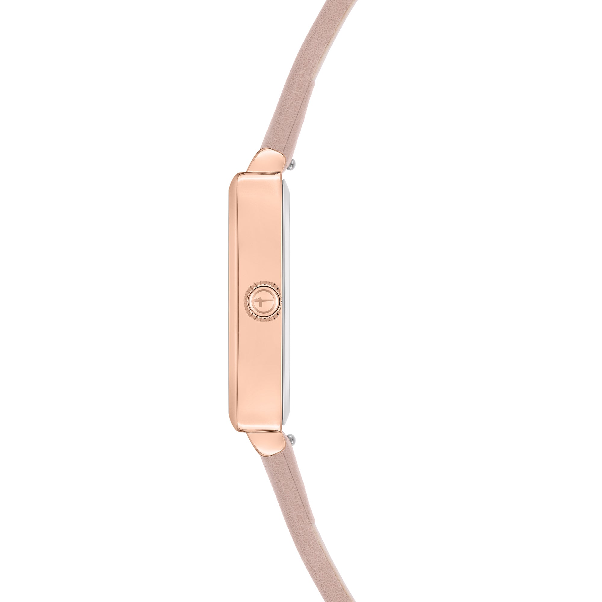 Tamaris Armbanduhr mit eckigem roségoldenem Gehäuse und rosa Lederband Seitenansicht