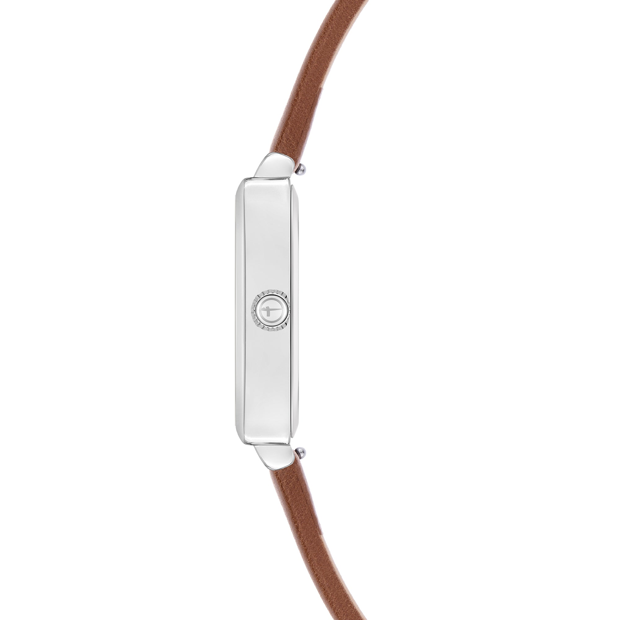 Tamaris Armbanduhr mit eckigem silbernem Gehäuse und braunem Lederband Produktbild Seitenansicht