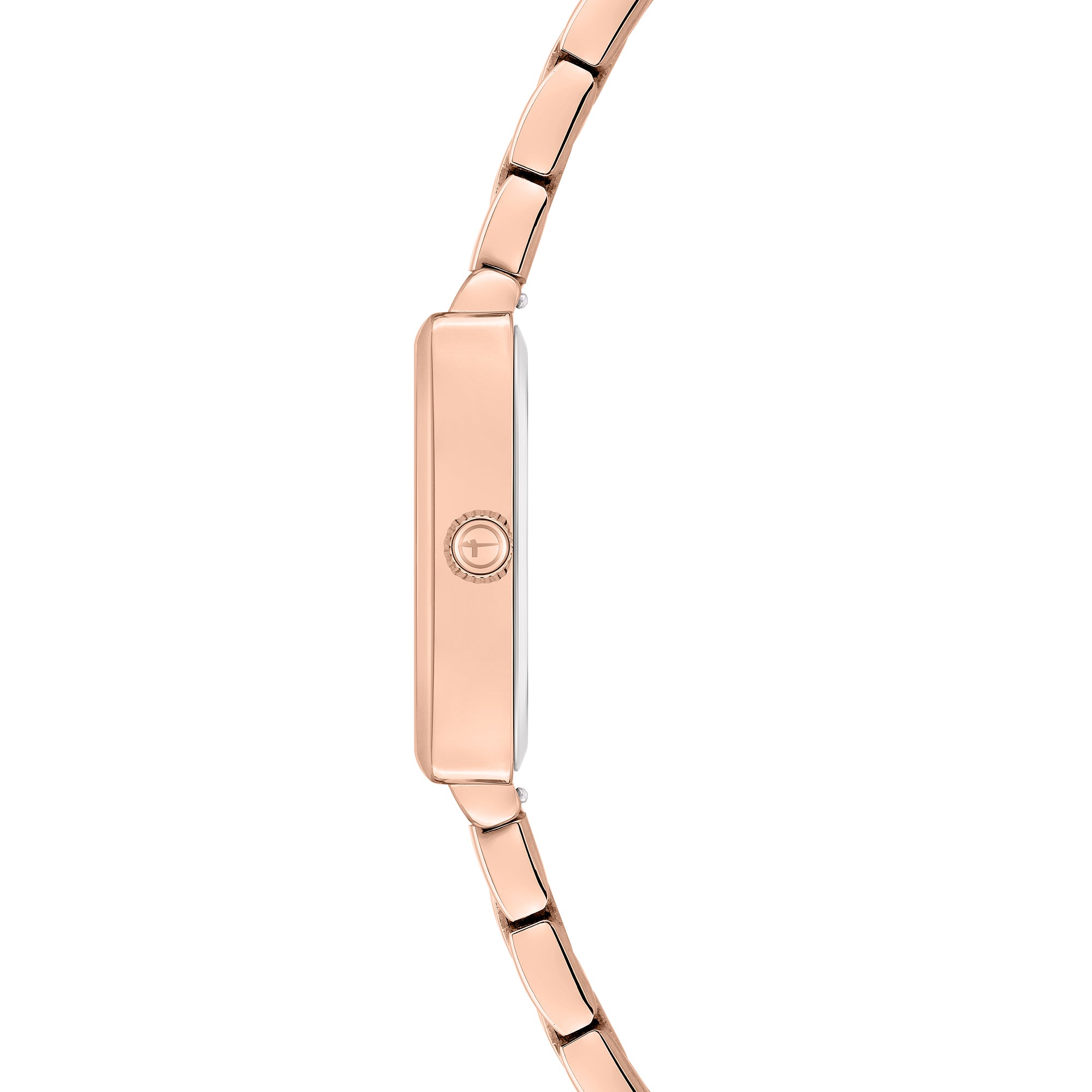 Tamaris Armbanduhr mit eckigem roségoldenem Gehäuse und roségoldenem Edelstahlband Seitenansicht
