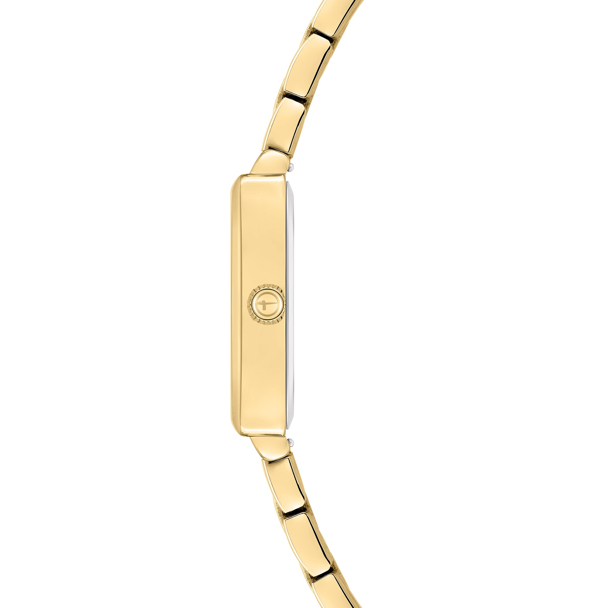 Tamaris Armbanduhr mit eckigem goldenem Gehäuse und goldenem Edelstahlband Seitenansicht