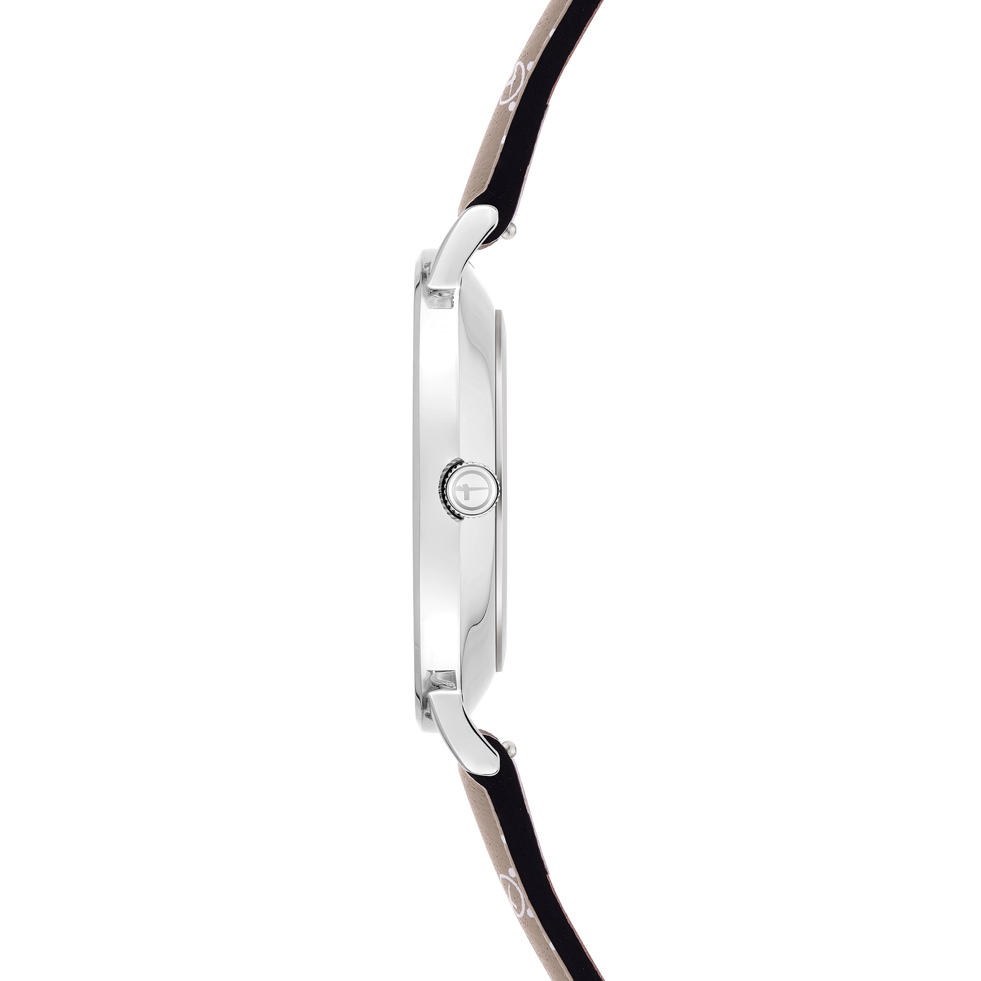 Tamaris Armbanduhr mit silbernem Gehäuse und beigem Lederband mit Logomania-Print Seitenansicht