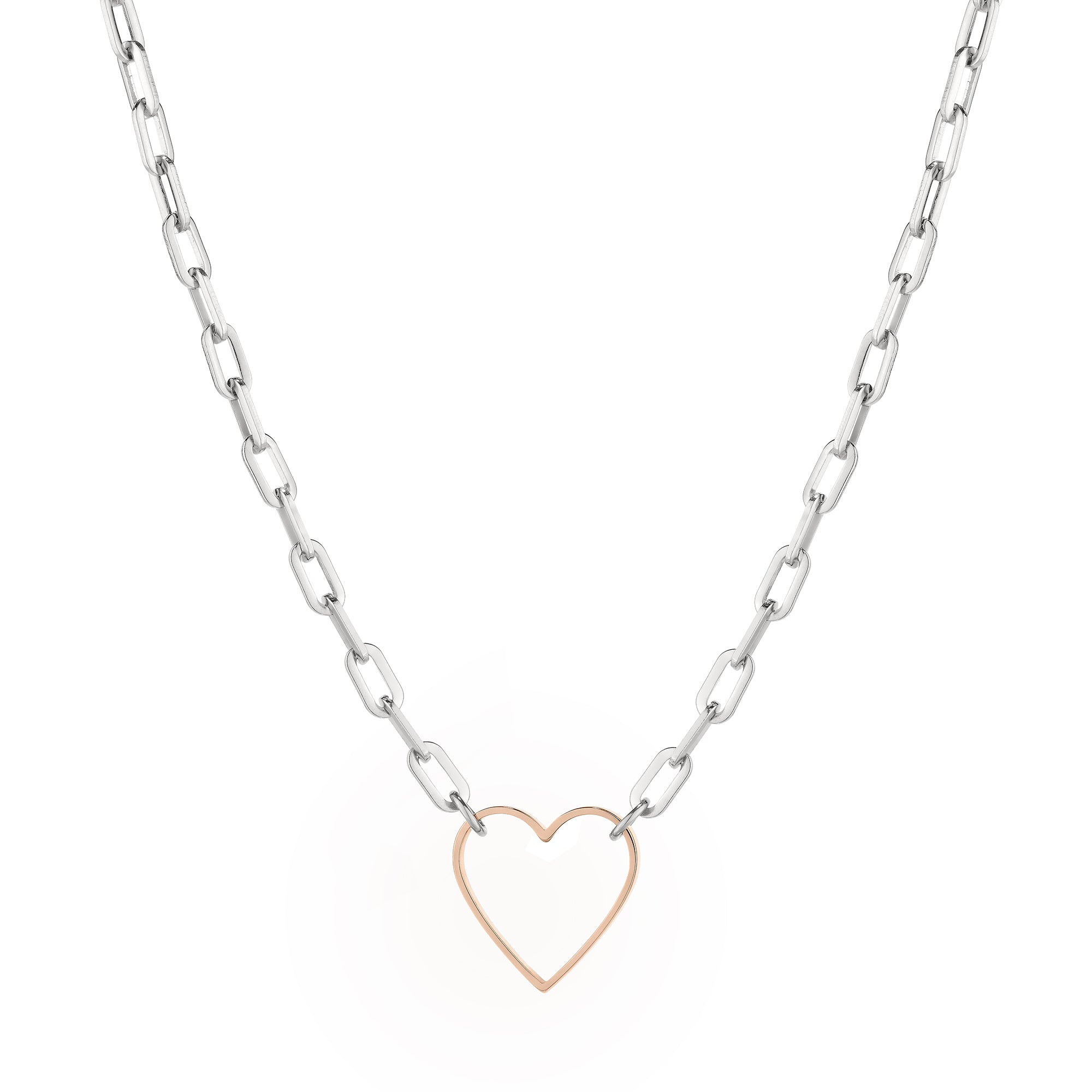 Die Halskette "in Liebe" von Liebeskind Berlin ist eine silberne Kette mit einem Herzanhänger aus Roségold, die sich ideal als Geschenk eignet und auf weißem Hintergrund gezeigt wird.