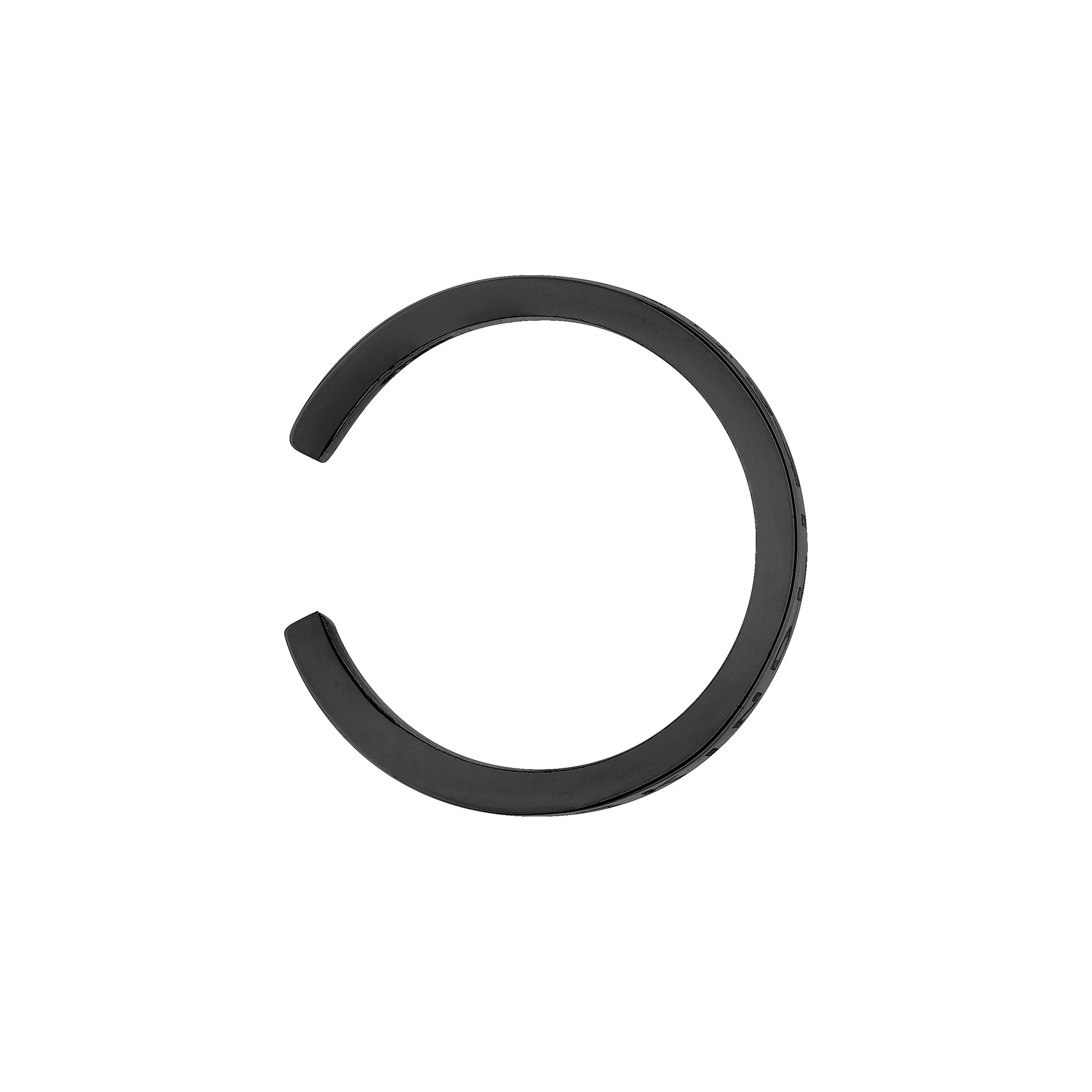 Der LIEBESKIND BERLIN Ear Cuff - The Small Basic Logo von Liebeskind Berlin ist ein schwarzer, offener, kreisförmiger Ohrring mit unterer Aussparung, der aus Edelstahl Schmuck gefertigt ist und auf weißem Hintergrund gezeigt wird.