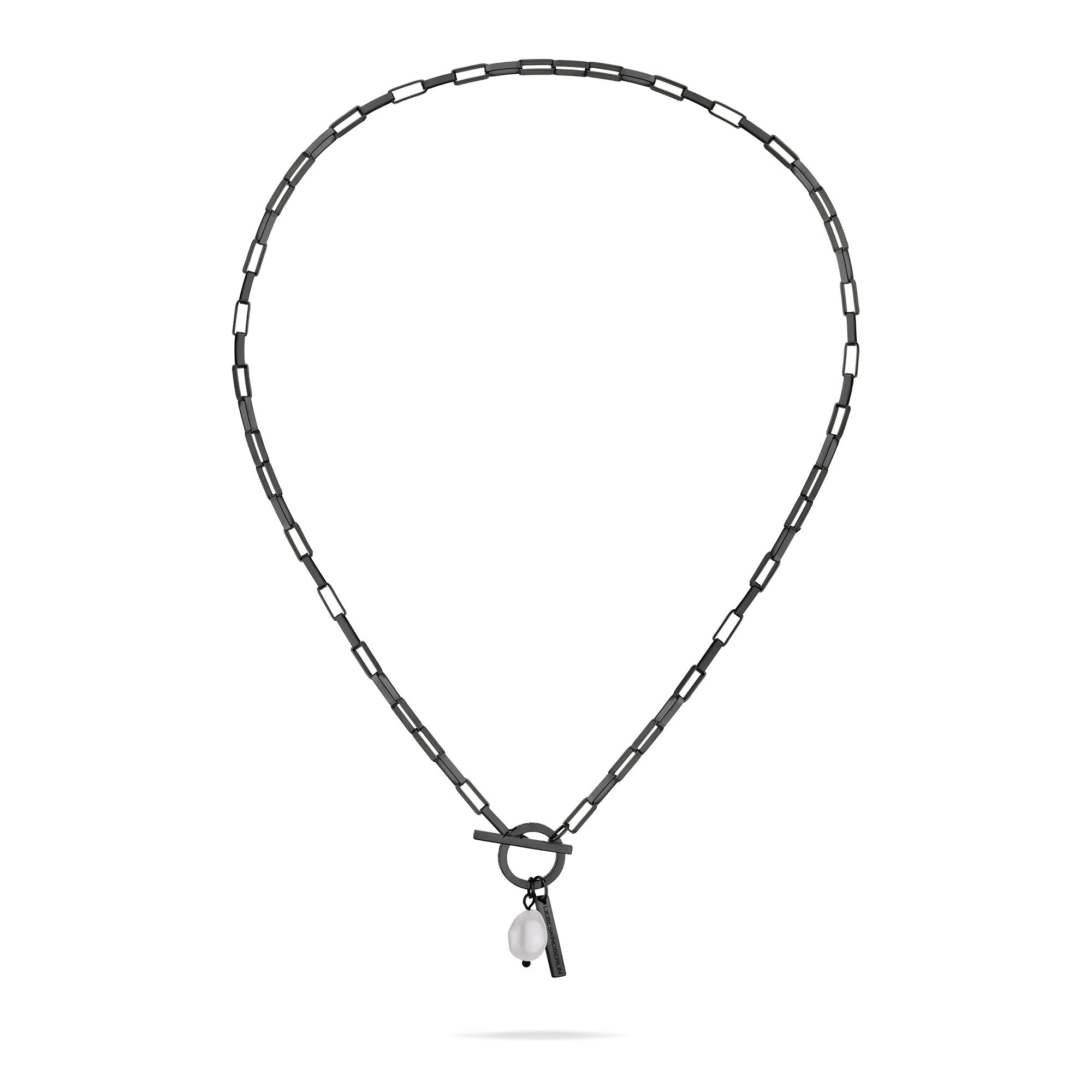 Liebeskind Berlin Halskette aus rechteckigen Gliedern mit T-Bar-Verschluss und Baroque Pearl in der Farbe schwarz Zusatzbild