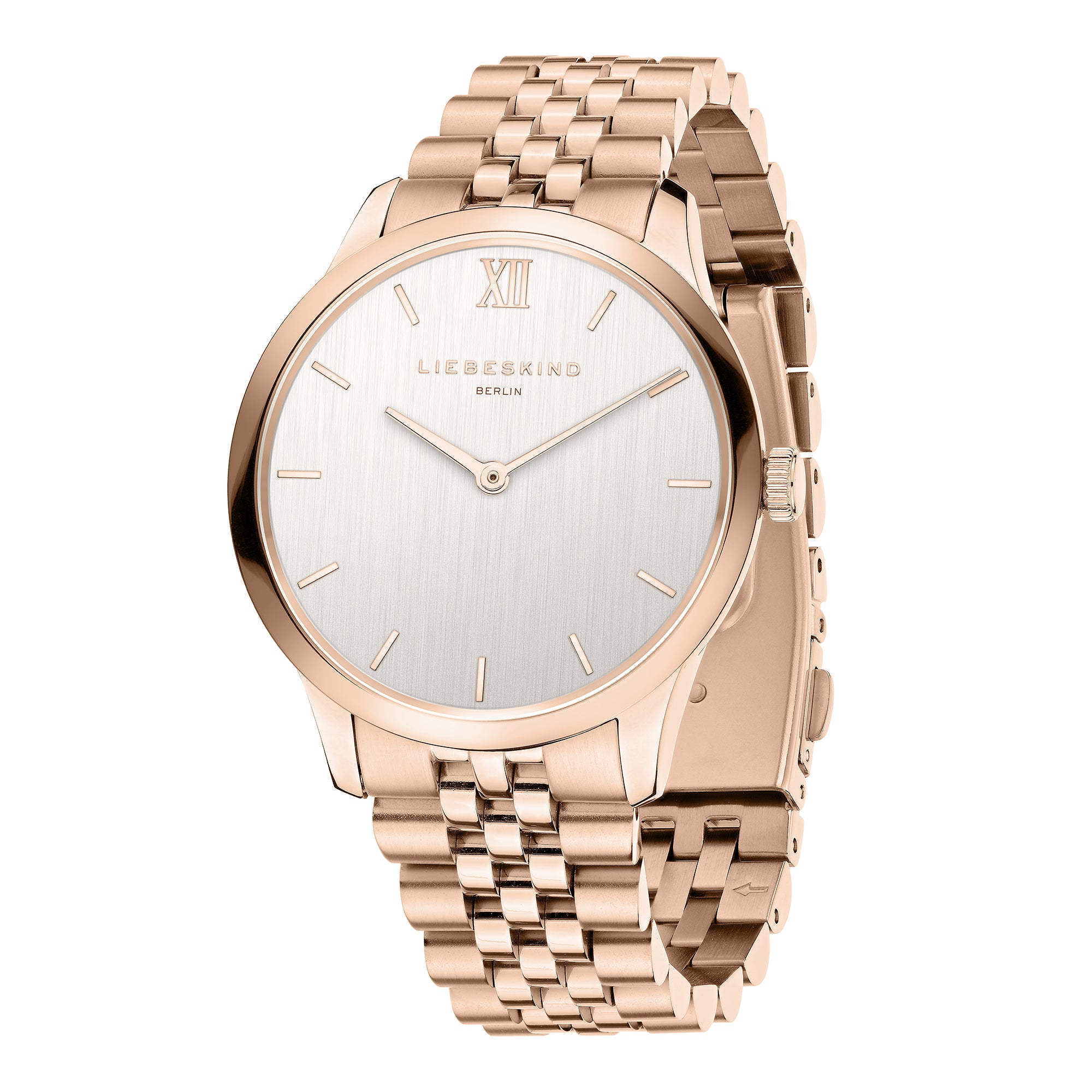 Die LIEBESKIND BERLIN Armbanduhr - The Classy hat ein roségoldenes Gehäuse, ein silbernes Zifferblatt, ein minimalistisches Design, ein Quarzwerk und ein elegantes Metallgliederband von Liebeskind Berlin.
