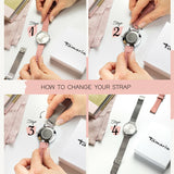 Vier-Schritt-Anleitung mit Händen, die ein rosa Armband gegen ein graues austauschen, auf der Tamaris Armbanduhr - The Basic Must-Have, gezeigt neben einer weißen Tamaris-Box.
