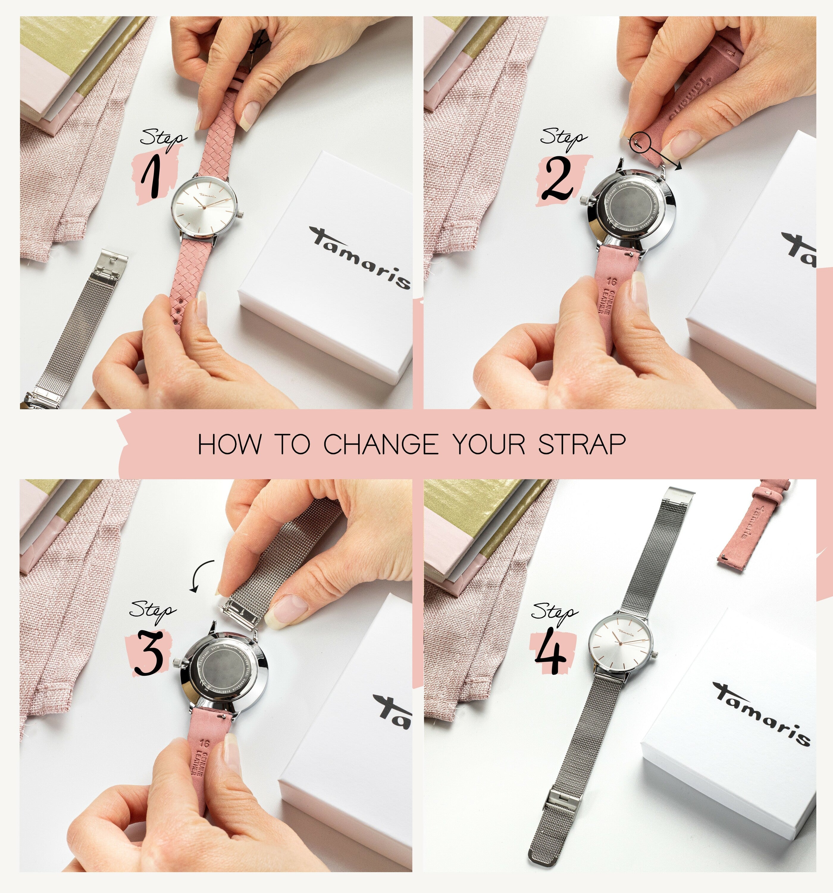 Vier-Schritt-Anleitung mit Händen, die ein rosa Armband gegen ein graues austauschen, auf der Tamaris Armbanduhr - The Basic Must-Have, gezeigt neben einer weißen Tamaris-Box.