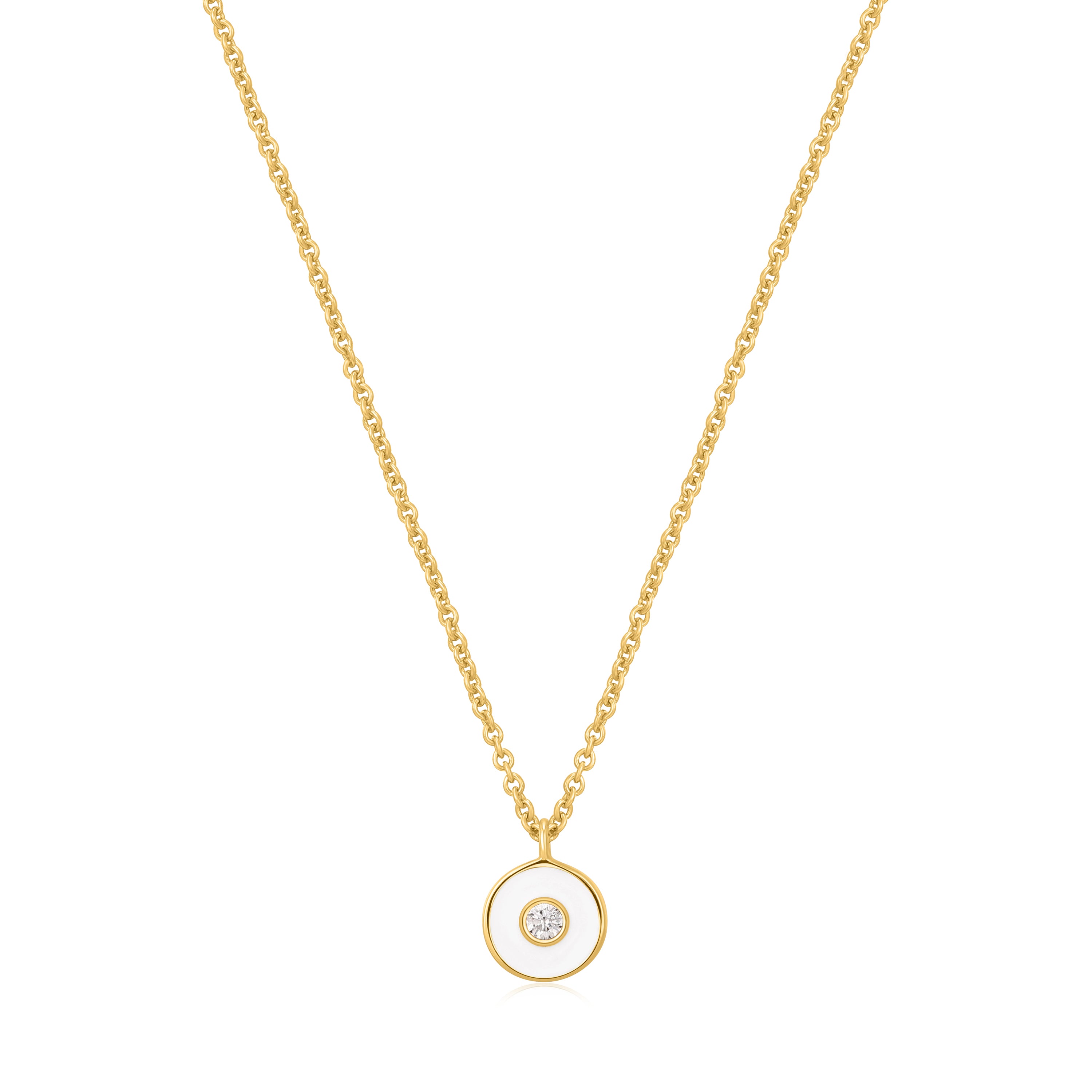 Die Ania Haie Halskette - The White Emaille Pendant ist eine stilvolle Goldkette mit einem runden Anhänger, gefertigt aus 925er Sterlingsilber für zeitlose Eleganz.