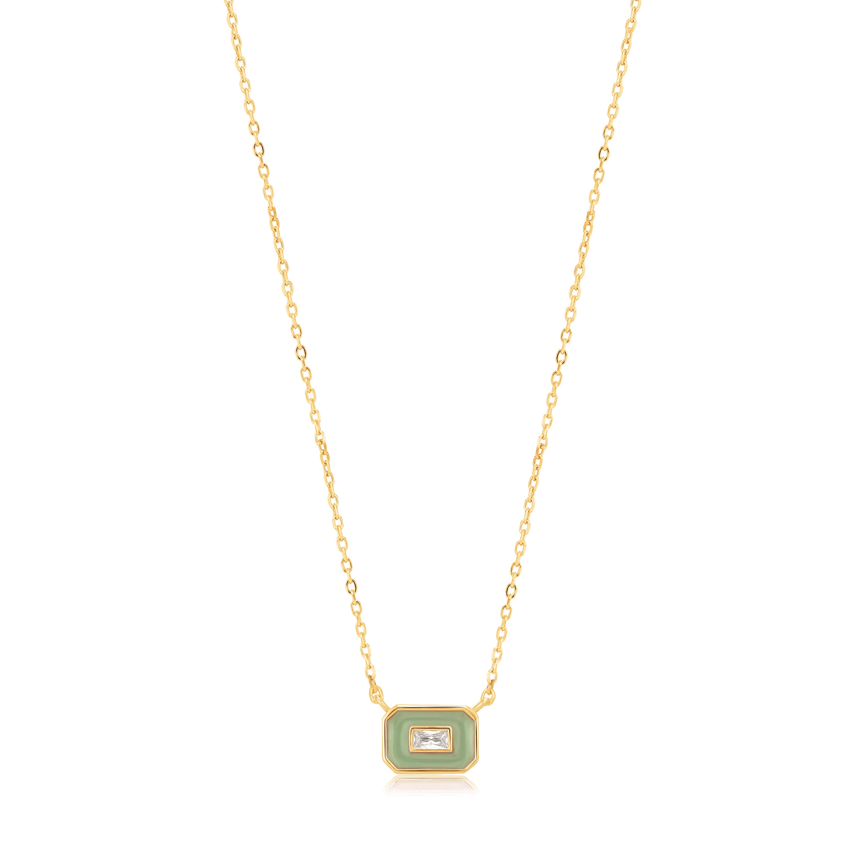 Ania Haie Halskette - Der grüne Emaille-Anhänger: Goldkette von Ania Haie mit einem kleinen rechteckigen grün-weißen Anhänger in der Mitte.