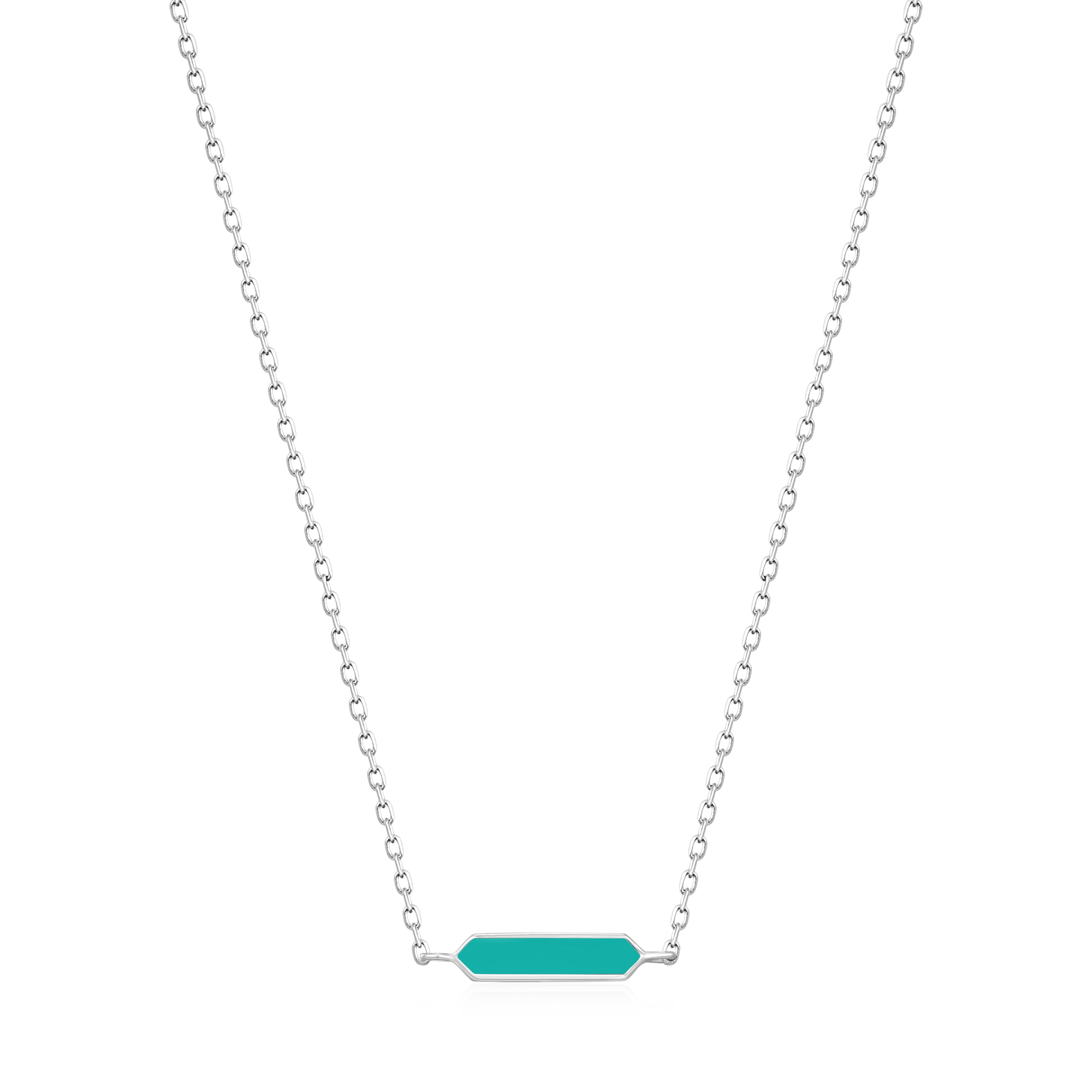 Die Ania Haie Halskette - The Turquoise Emaille Pendant aus 925er Silber besticht durch einen zarten, horizontalen Türkis-Bar Anhänger mit Emaille-Beschichtung und wird auf weißem Hintergrund präsentiert.