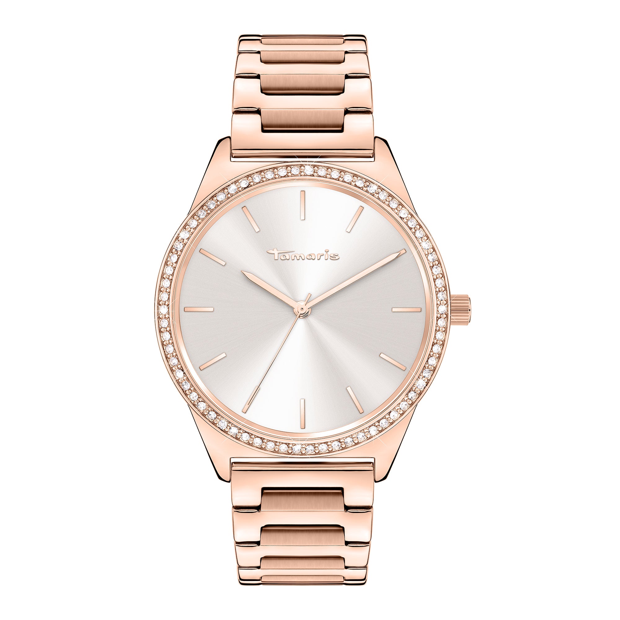 Tamaris Armbanduhr mit silbernem Zifferblatt, glassteinbesetzter Lünette, roségoldenem Gehäuse und teilmatt roségoldenem Edelstahlband Produktbild