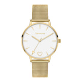Tamaris Armbanduhr mit goldenem Herzdetail auf dem Zifferblatt, goldenem Gehäuse und goldenem Meshband Produktbild