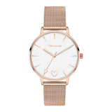 Tamaris Armbanduhr mit roségoldenem Herzdetail auf dem Zifferblatt, roségoldenem Gehäuse und roségoldenem Meshband Produktbild
