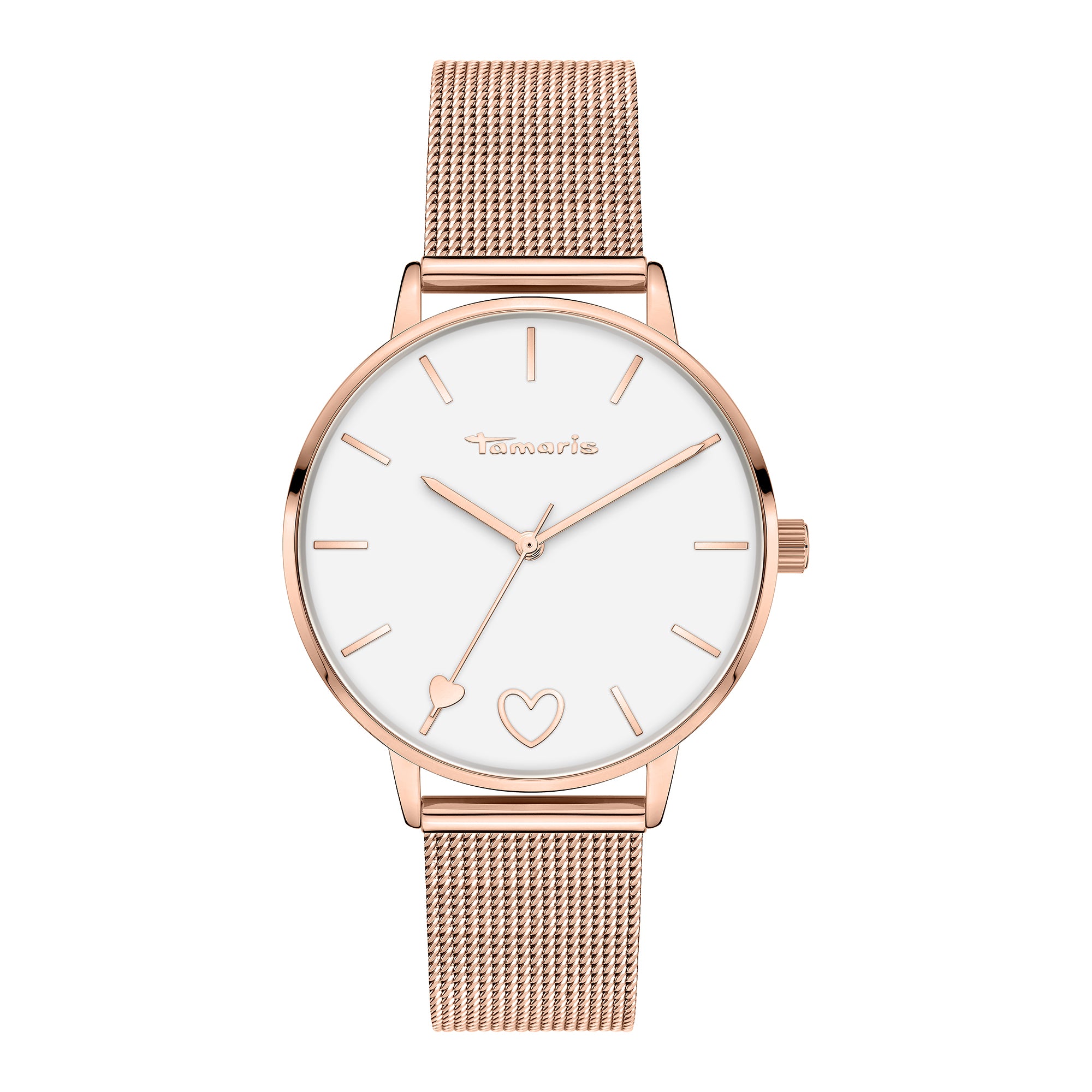 Tamaris Armbanduhr mit roségoldenem Herzdetail auf dem Zifferblatt, roségoldenem Gehäuse und roségoldenem Meshband Produktbild