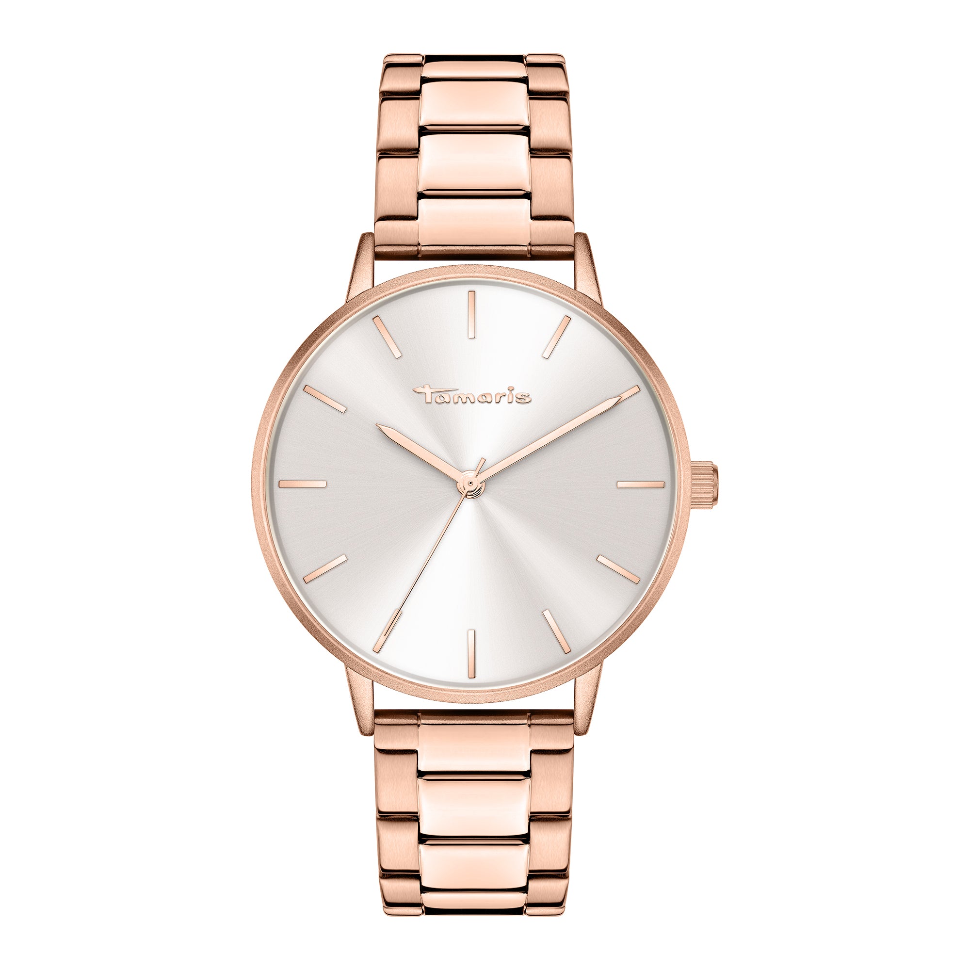 Tamaris Armbanduhr mit silbernem Zifferblatt, roségoldenem Gehäuse und roségoldenem Edelstahlband Produktbild