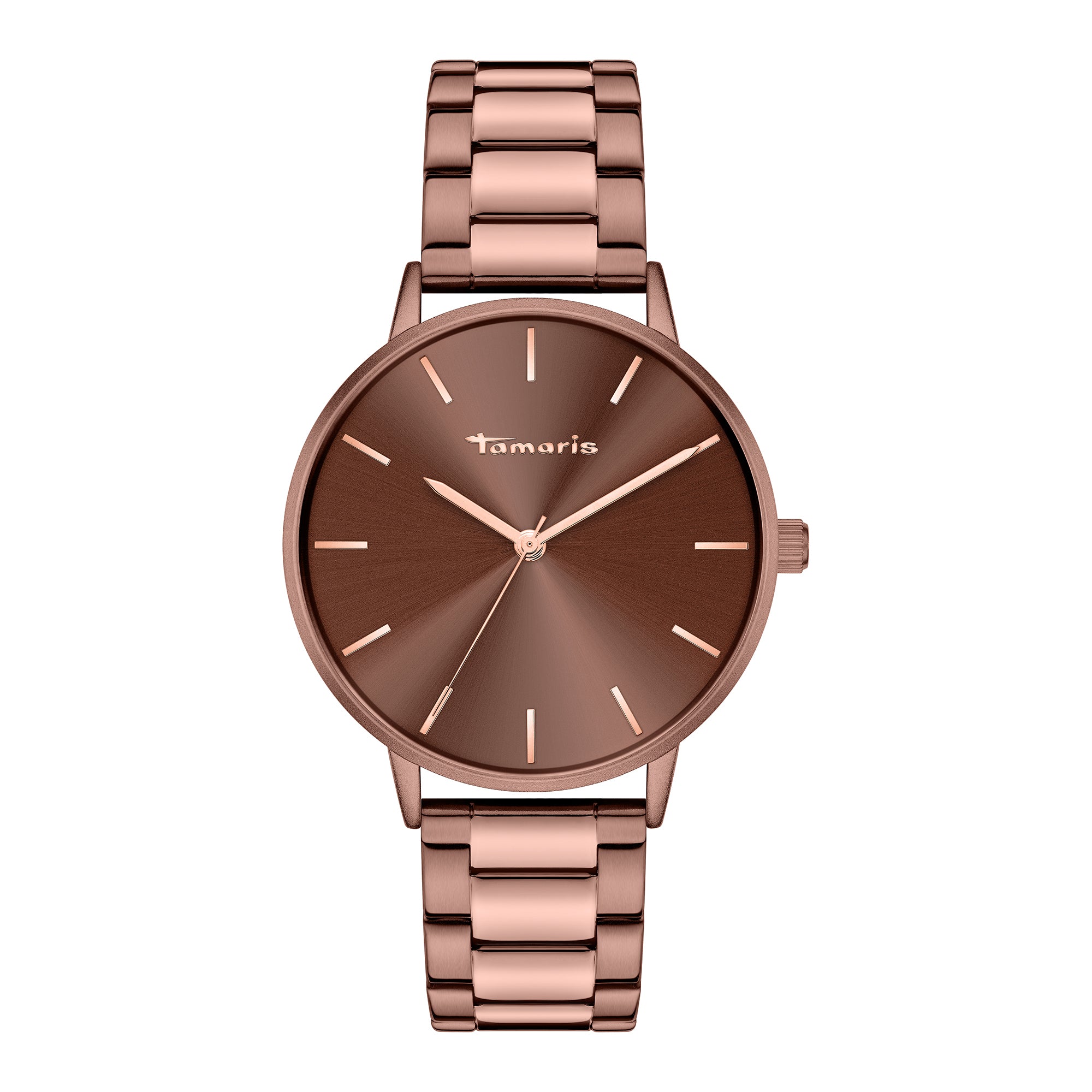 Tamaris Armbanduhr mit braunem Zifferblatt mit roségoldenen Indizes, braunem Gehäuse und braunem Edelstahlband Produktbild
