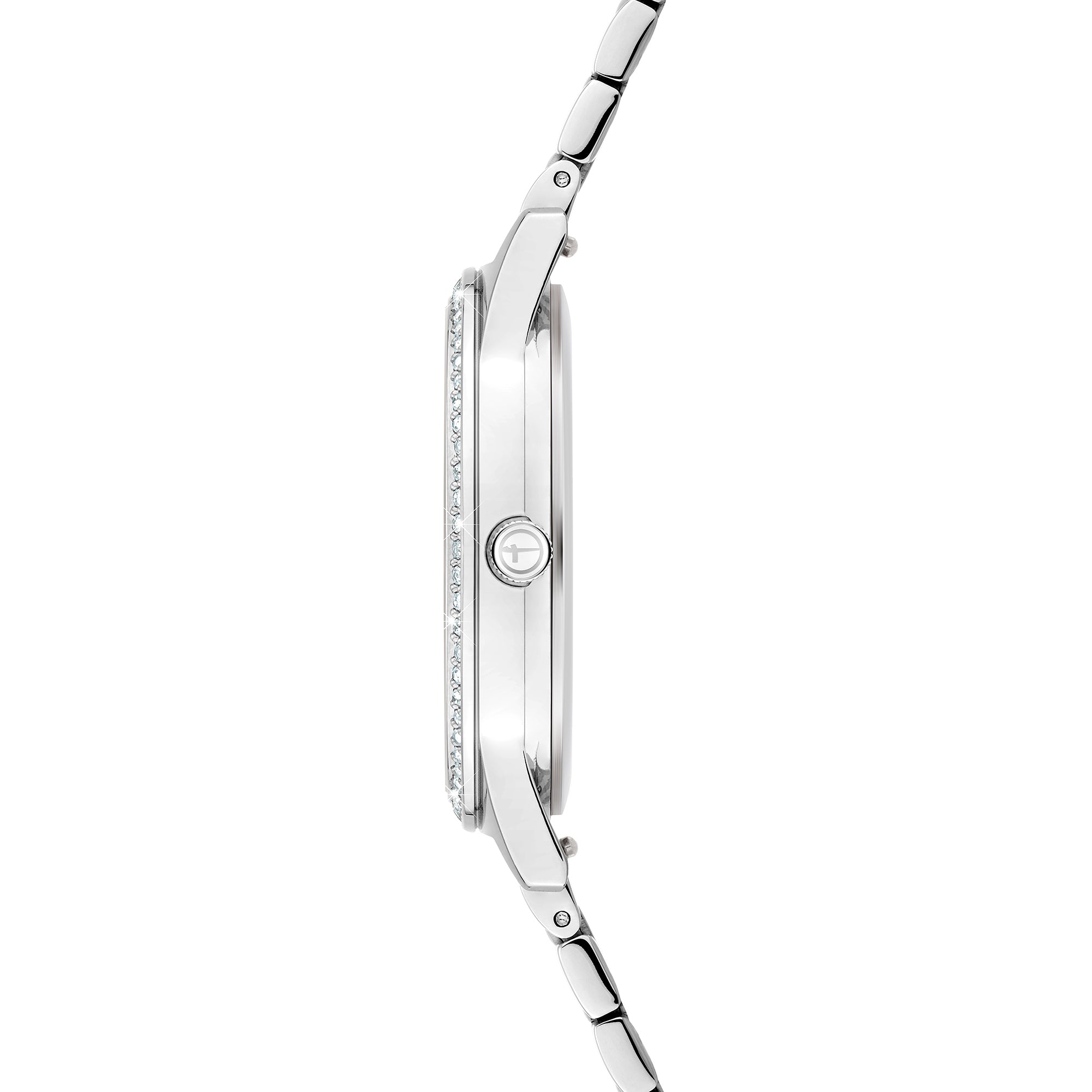 Tamaris Armbanduhr mit silbernem Zifferblatt, glassteinbesetzter Lünette, silbernem Gehäuse und teilmatt silbernem Edelstahlband Seitenansicht