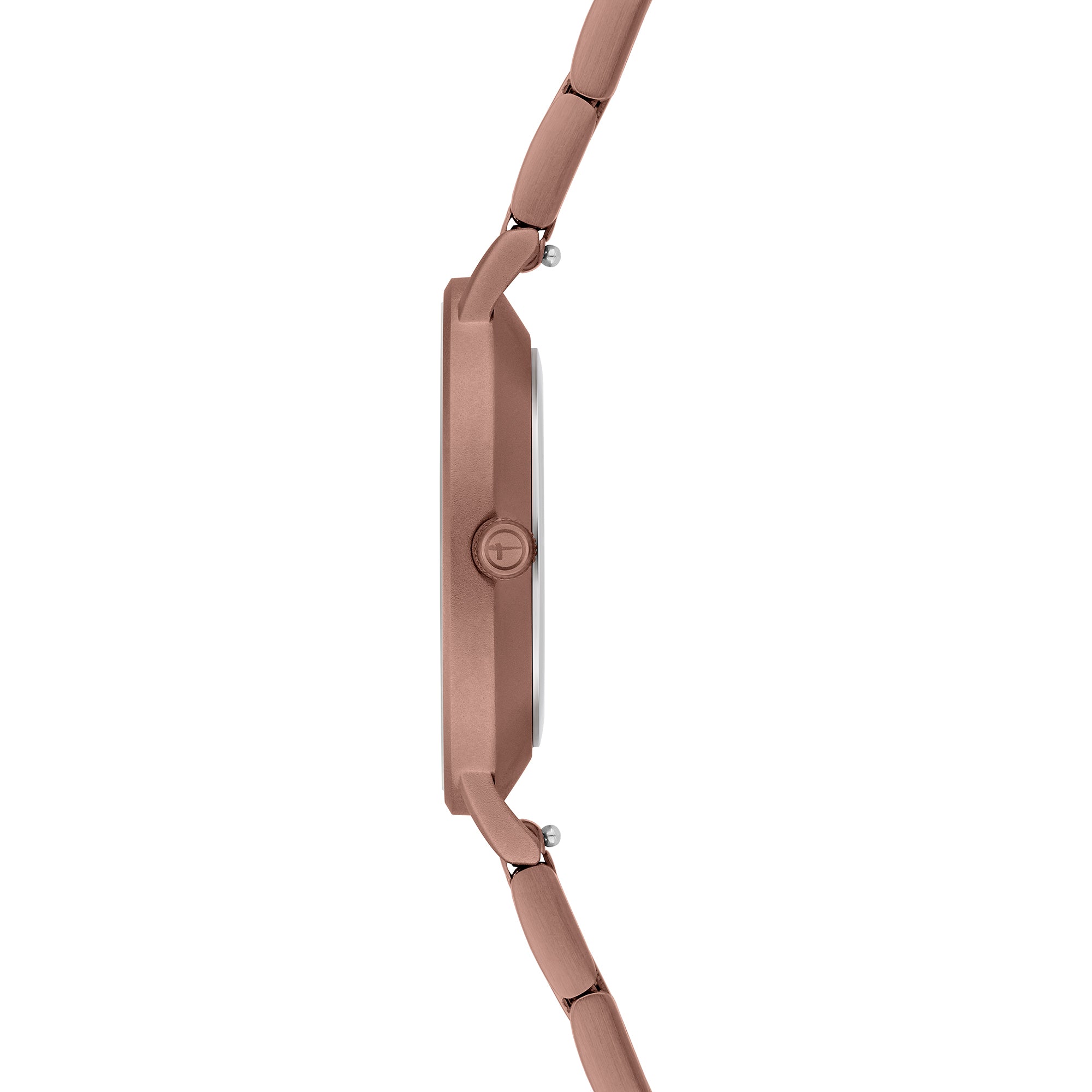 Tamaris Armbanduhr mit braunem Zifferblatt mit roségoldenen Indizes, braunem Gehäuse und braunem Edelstahlband Seitenansicht