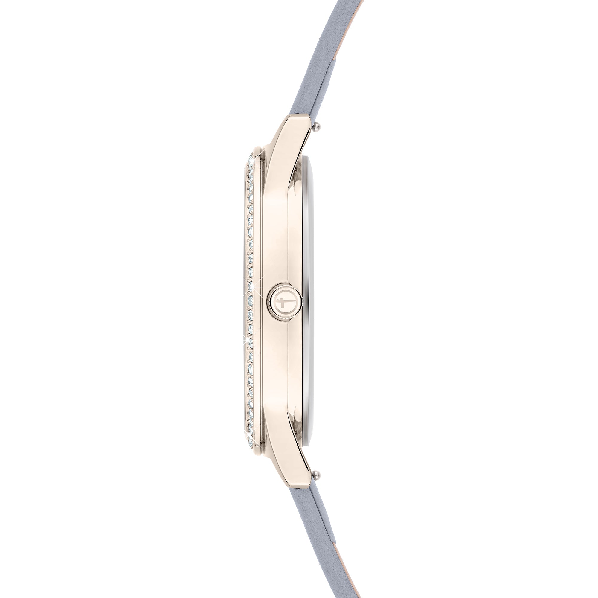 Tamaris Armbanduhr mit roségoldenem Zifferblatt, glassteinbesetzter Lünette, roségoldenem Gehäuse und blauem Lederband Seitenansicht
