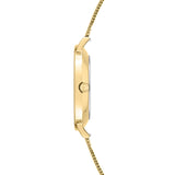 Tamaris Armbanduhr mit goldenem Herzdetail auf dem Zifferblatt, goldenem Gehäuse und goldenem Meshband Seitenansicht