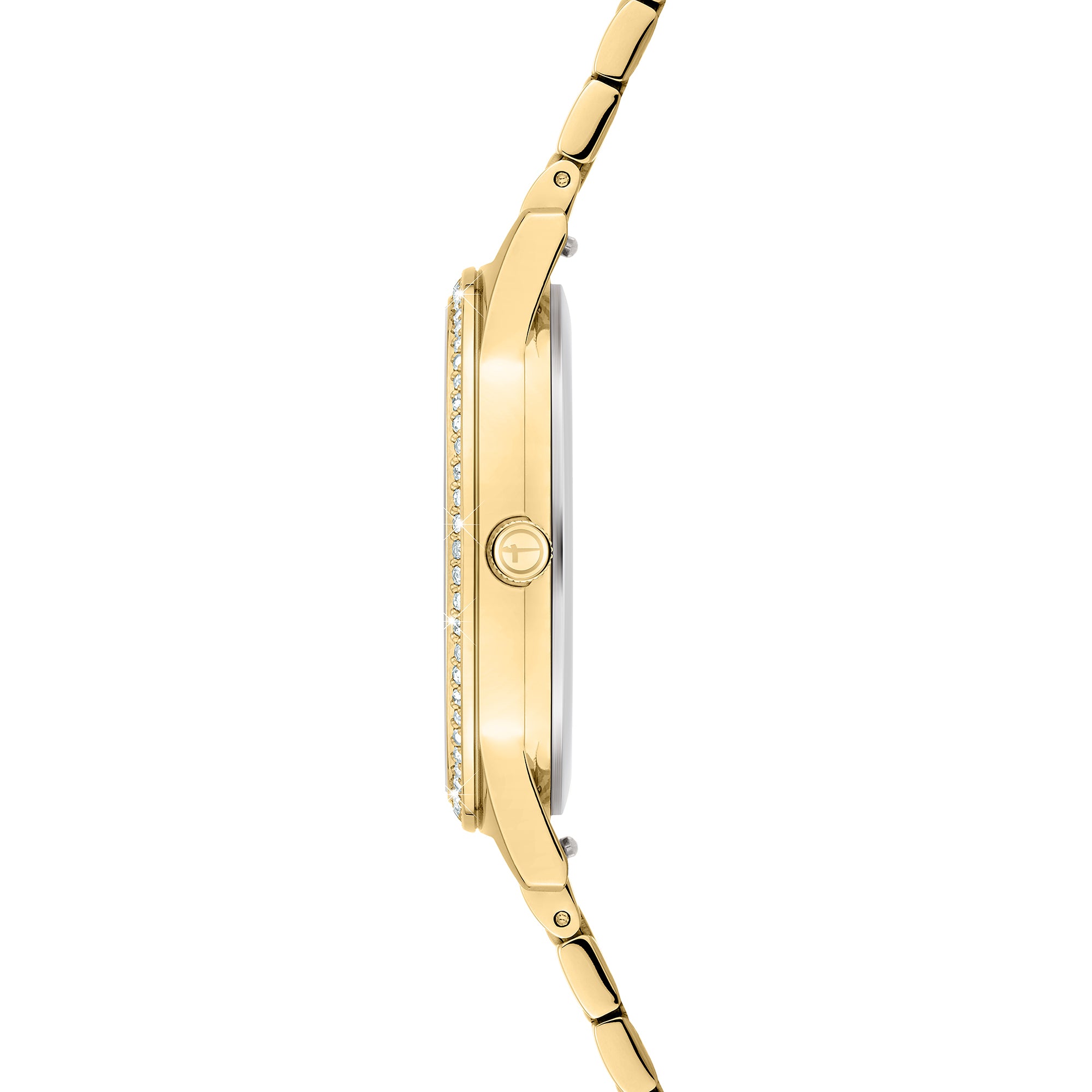 Tamaris Armbanduhr mit silbernem Zifferblatt, glassteinbesetzter Lünette, goldenem Gehäuse und teilmatt goldenem Edelstahlband Seitenansicht