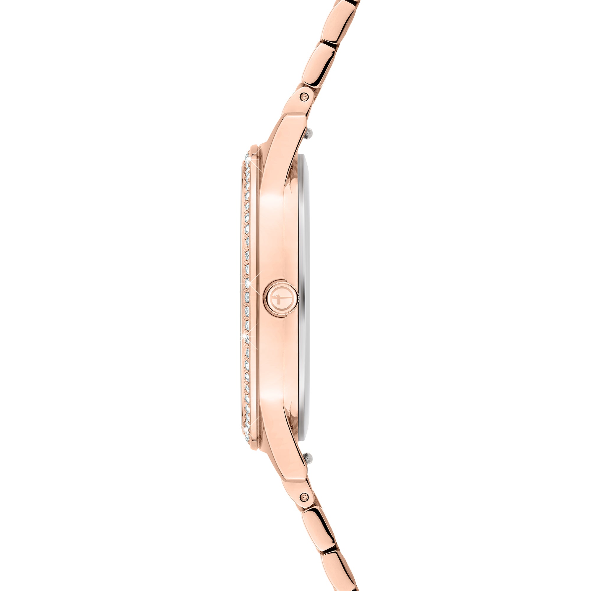 Tamaris Armbanduhr mit silbernem Zifferblatt, glassteinbesetzter Lünette, roségoldenem Gehäuse und teilmatt roségoldenem Edelstahlband Seitenansicht