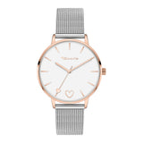 Tamaris Armbanduhr mit Herzdetails im Zifferblatt, roségoldenem Gehäuse und Indizes und silbernem Meshband Produktbild