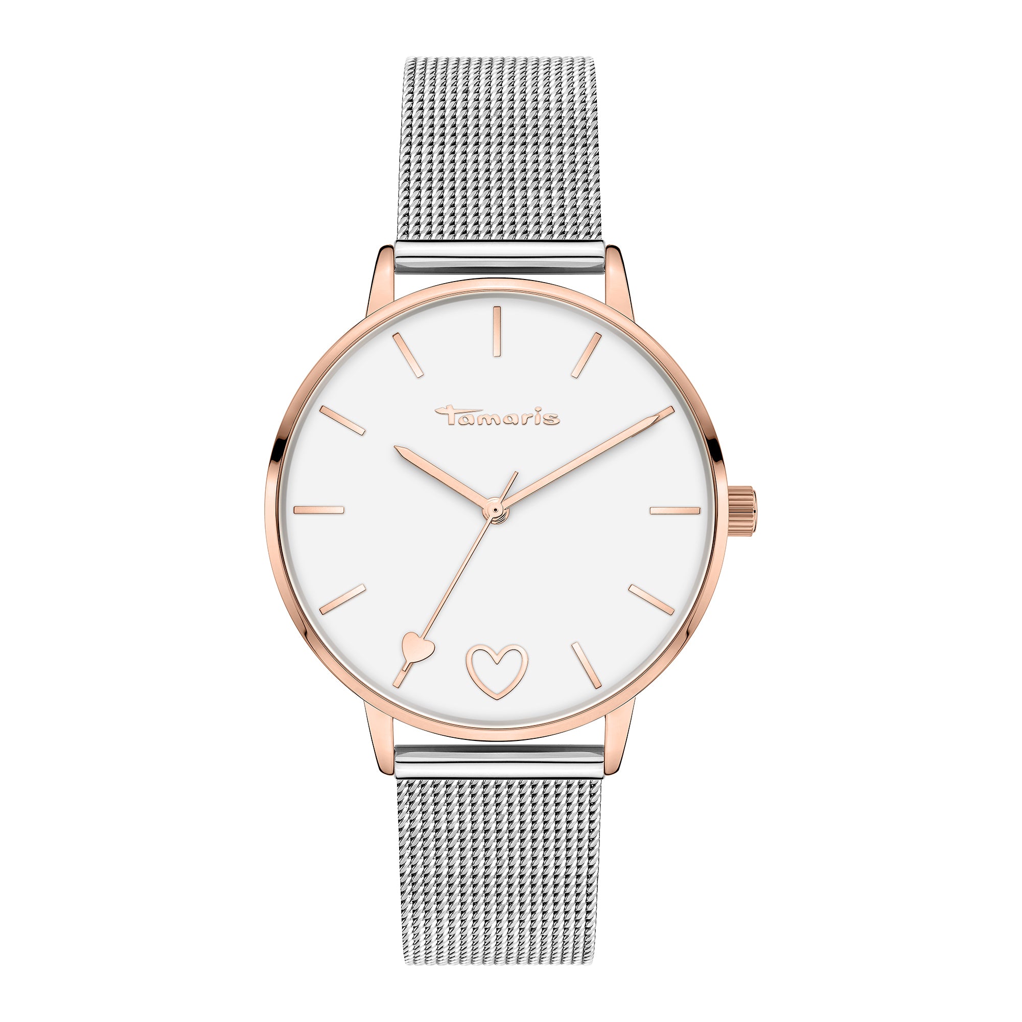 Tamaris Armbanduhr mit Herzdetails im Zifferblatt, roségoldenem Gehäuse und Indizes und silbernem Meshband Produktbild