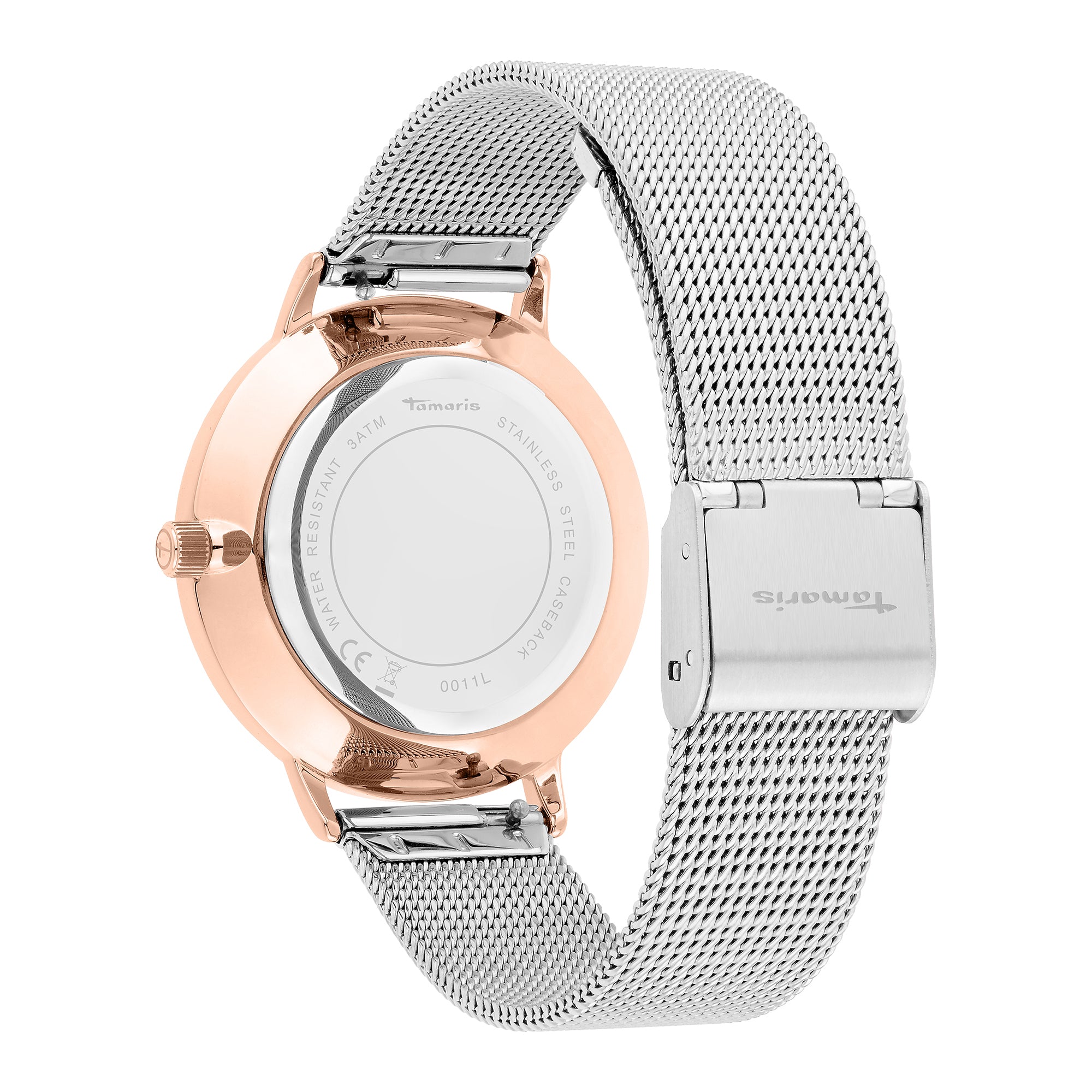 Tamaris Armbanduhr mit Herzdetails im Zifferblatt, roségoldenem Gehäuse und Indizes und silbernem Meshband Rückansicht