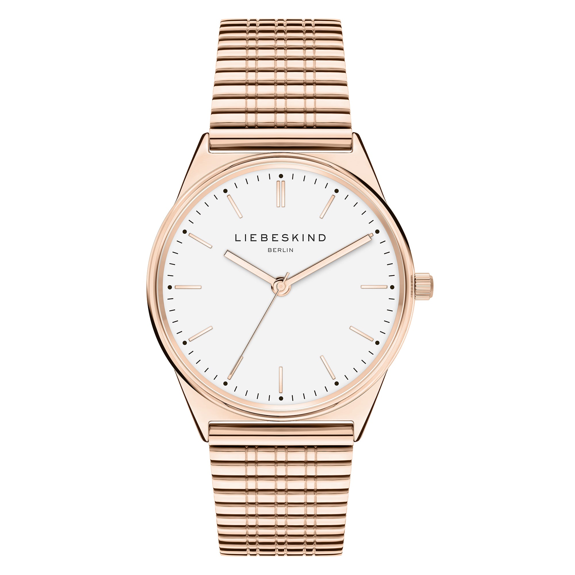 Liebeskind Berlin Armbanduhr mit roségoldenem Gehäuse und roségoldenem strukturierten Edelstahlmeshband Produktbild