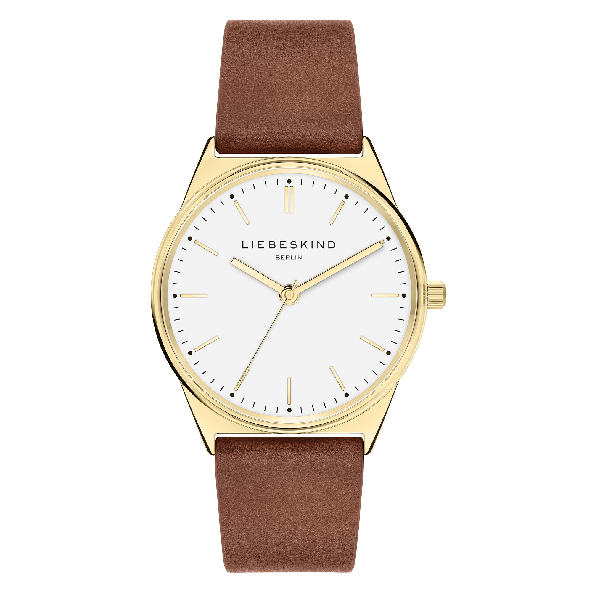 Liebeskind Berlin Armbanduhr mit goldenem Gehäuse und braunem Lederband Produktbild