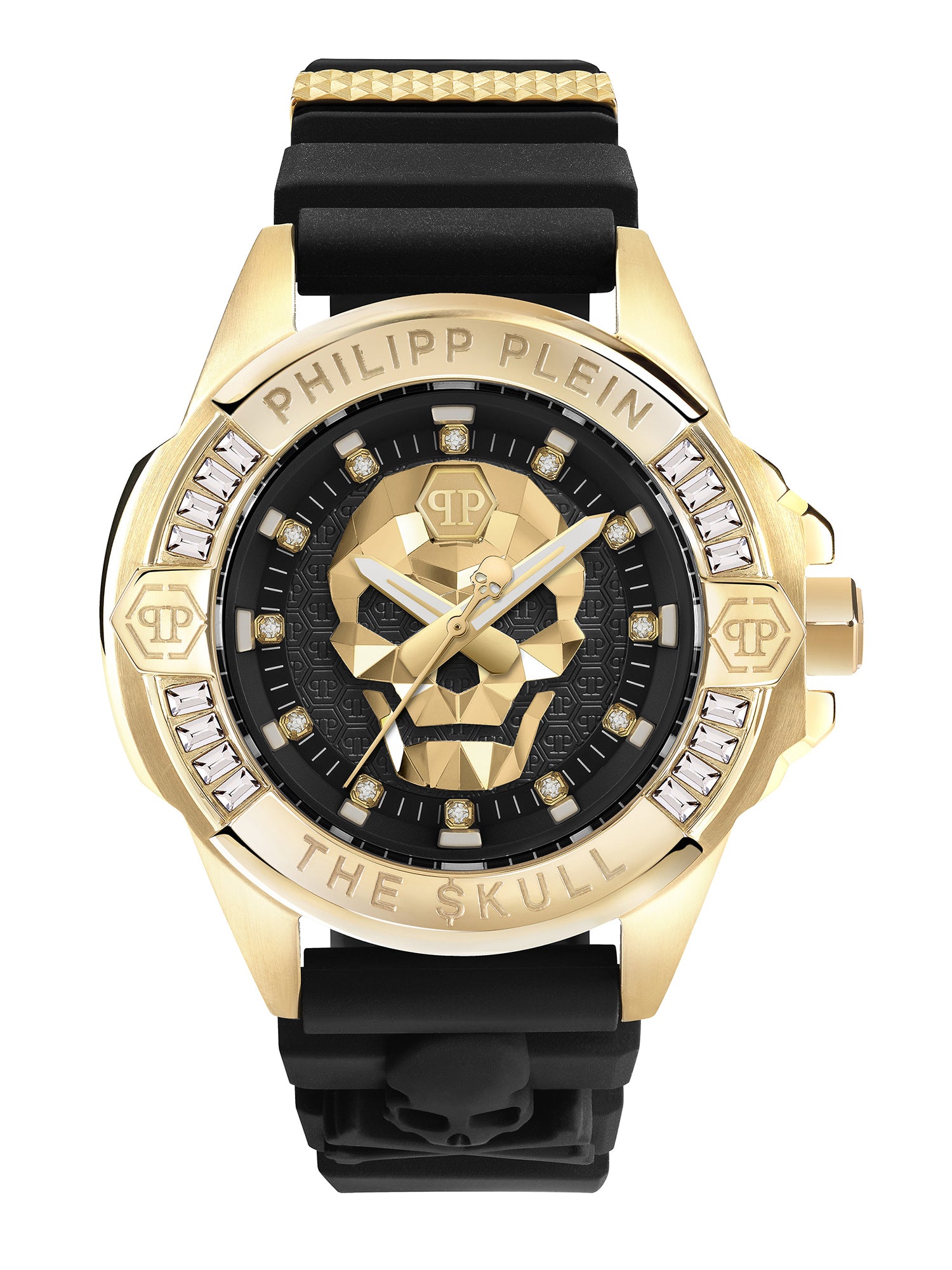 Die Philipp Plein Armbanduhr - The Skull Genderless besticht durch ein gold-schwarzes Design, einen 3D-Totenkopf auf dem Zifferblatt und eine mit Edelsteinen besetzte Lünette - eine kühne, geschlechtslose Uhr von Philipp Plein, die für jeden geeignet ist.