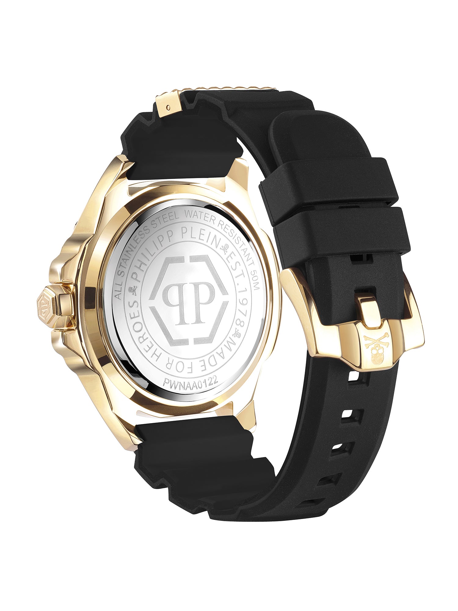 Die Philipp Plein Armbanduhr - The Skull Genderless von Philipp Plein verfügt über ein gold- und silberfarbenes Gehäuse, ein schwarzes Kautschukarmband, ein eingraviertes Logo auf der Rückseite und ein facettiertes 3D-Design für einen gewagten, geschlechtslosen Look.