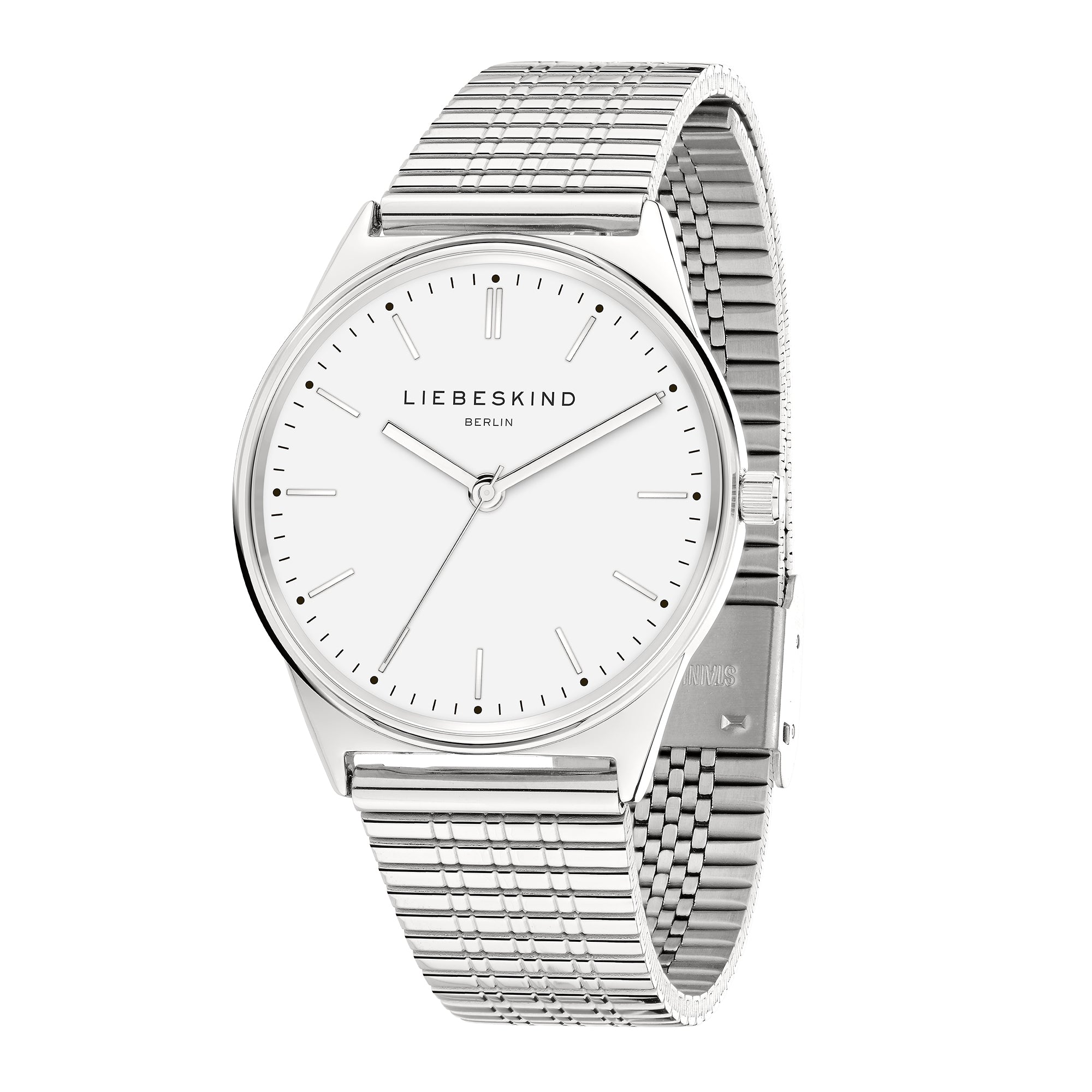 Liebeskind Berlin Armbanduhr mit silbernem Gehäuse und silbernem strukturierten Edelstahlmeshband Zusatzbild