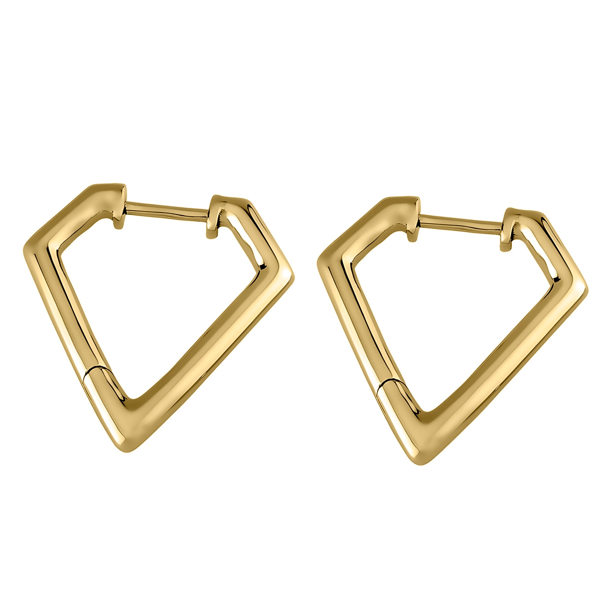 Die LIEBESKIND BERLIN Creole - The Iconic Geometric von Liebeskind Berlin sind goldene, dreieckige Ohrringe mit Klappverschluss aus Edelstahl auf weißem Grund - ein moderner Touch für jede Schmucksammlung.