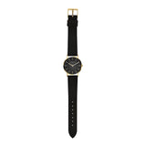Liebeskind Berlin Armbanduhr mit schwarzem Zifferblatt, goldenen Indizes, goldenem Gehäuse und schwarzem Lederband; Zusatzbild