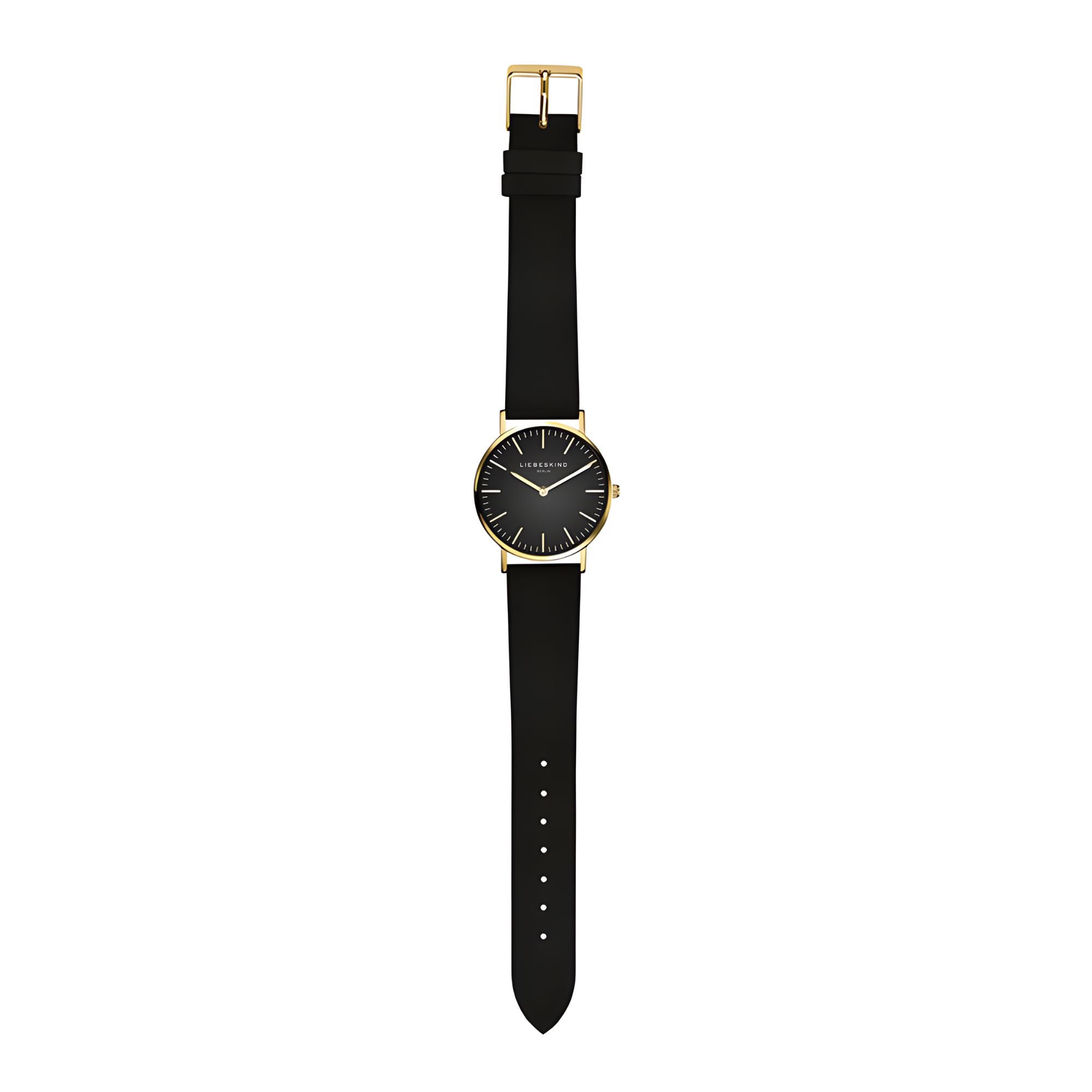 Liebeskind Berlin Armbanduhr mit schwarzem Zifferblatt, goldenen Indizes, goldenem Gehäuse und schwarzem Lederband; Zusatzbild