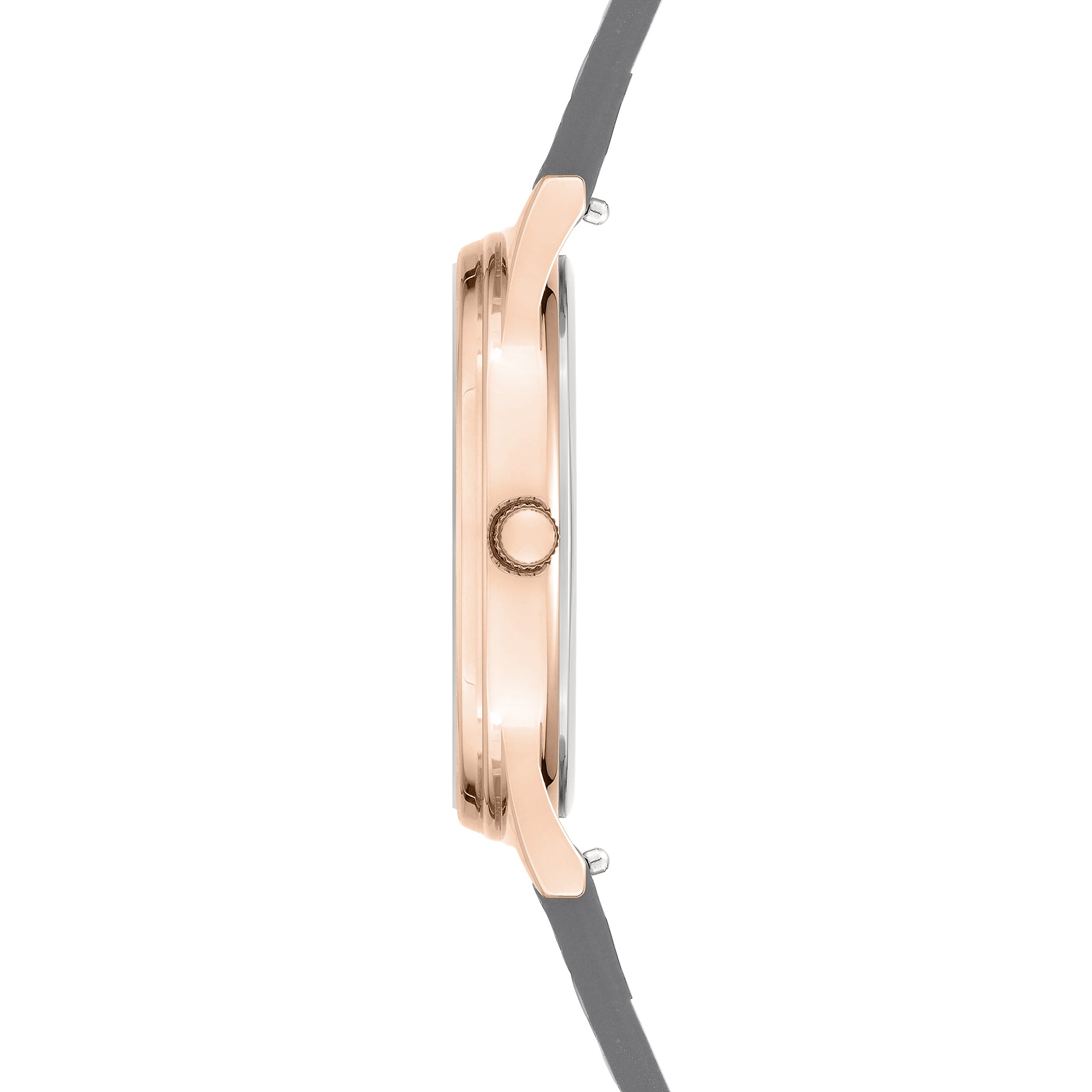 Liebeskind Berlin Armbanduhr mit roségoldenem Gehäuse und grauem Lederband Seitenansicht