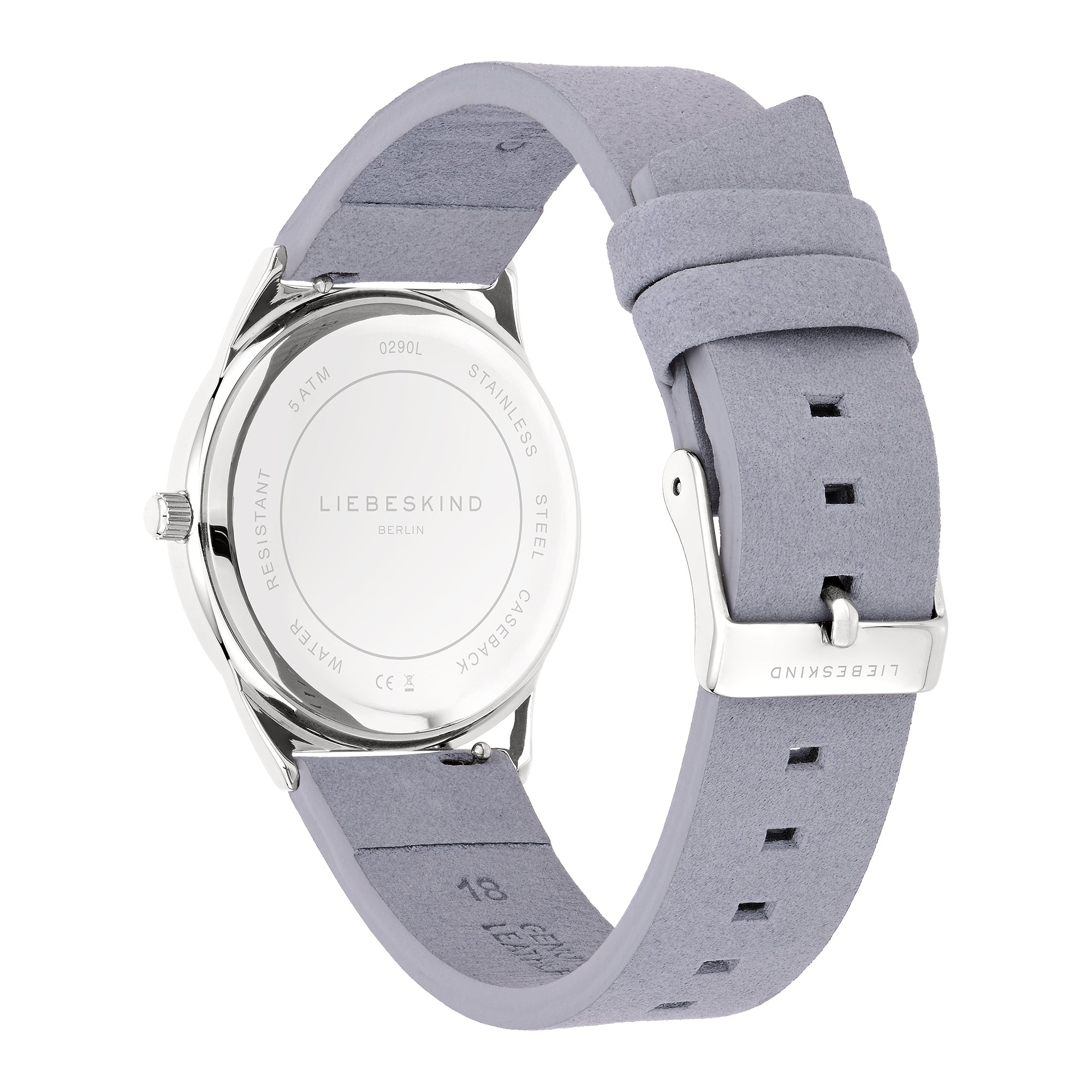 Liebeskind Berlin Armbanduhr mit silbernem Gehäuse und blauem Lederband Rückansicht