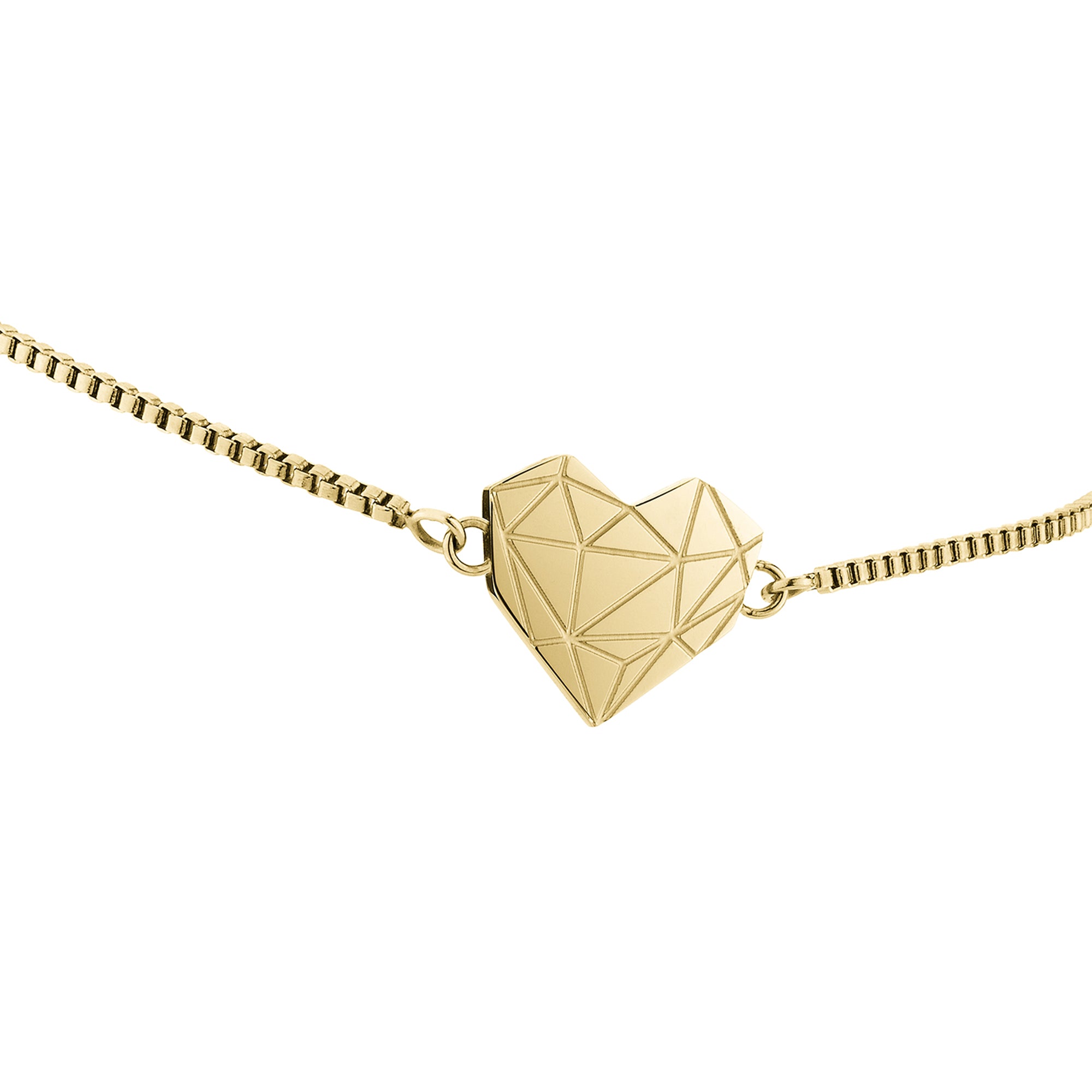 Liebeskind Berlin Armband bestehend aus einer goldenen Venezianerkette und einem geometrischen Herzanhänger mit grafischen Elementen; Nahaufnahme
