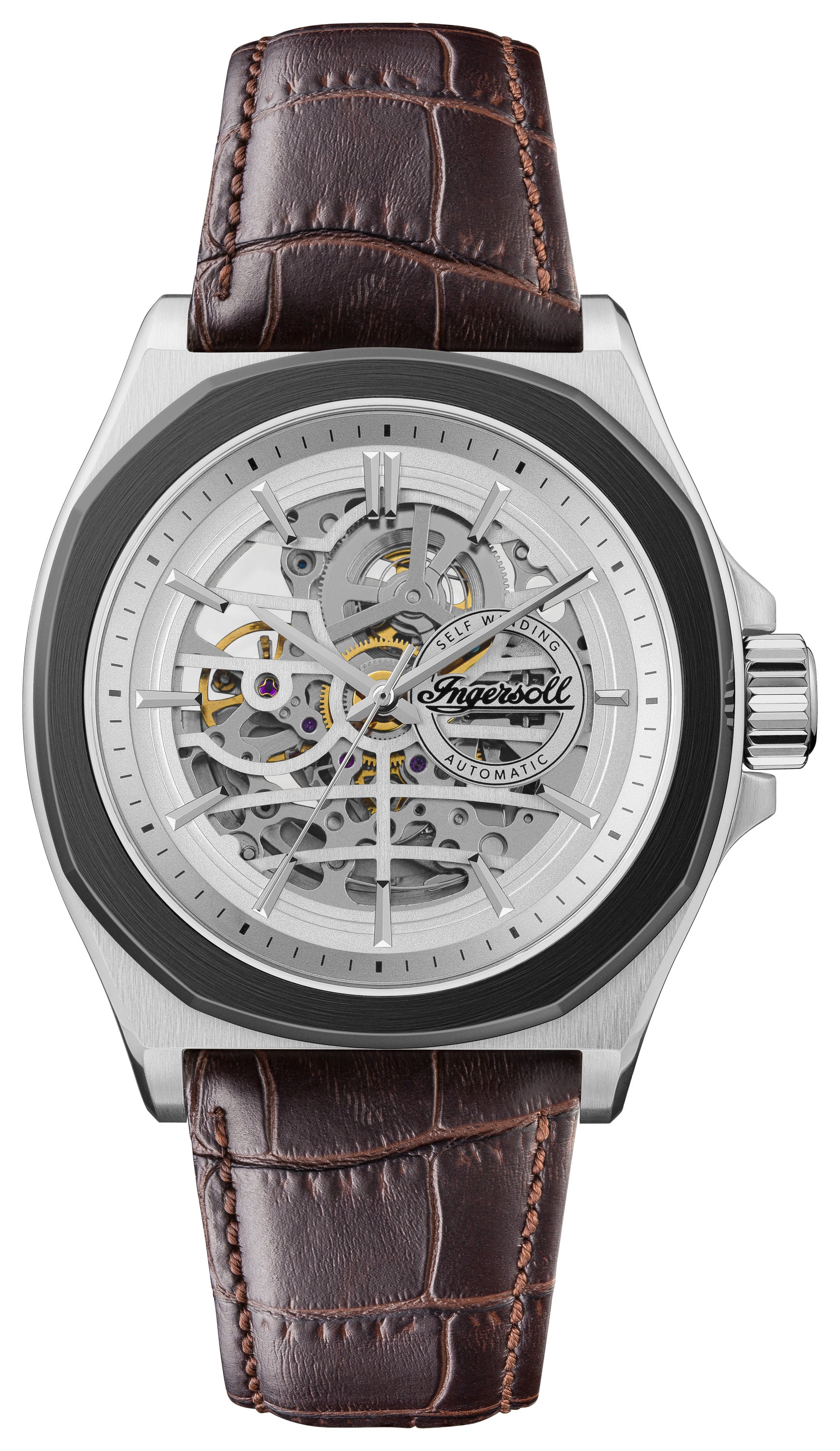 Die Ingersoll Armbanduhr - The Orville verfügt über ein skelettiertes Ziffernblatt mit sichtbaren Zahnrädern, Automatik-Uhrwerk und ein elegantes braunes Lederarmband.