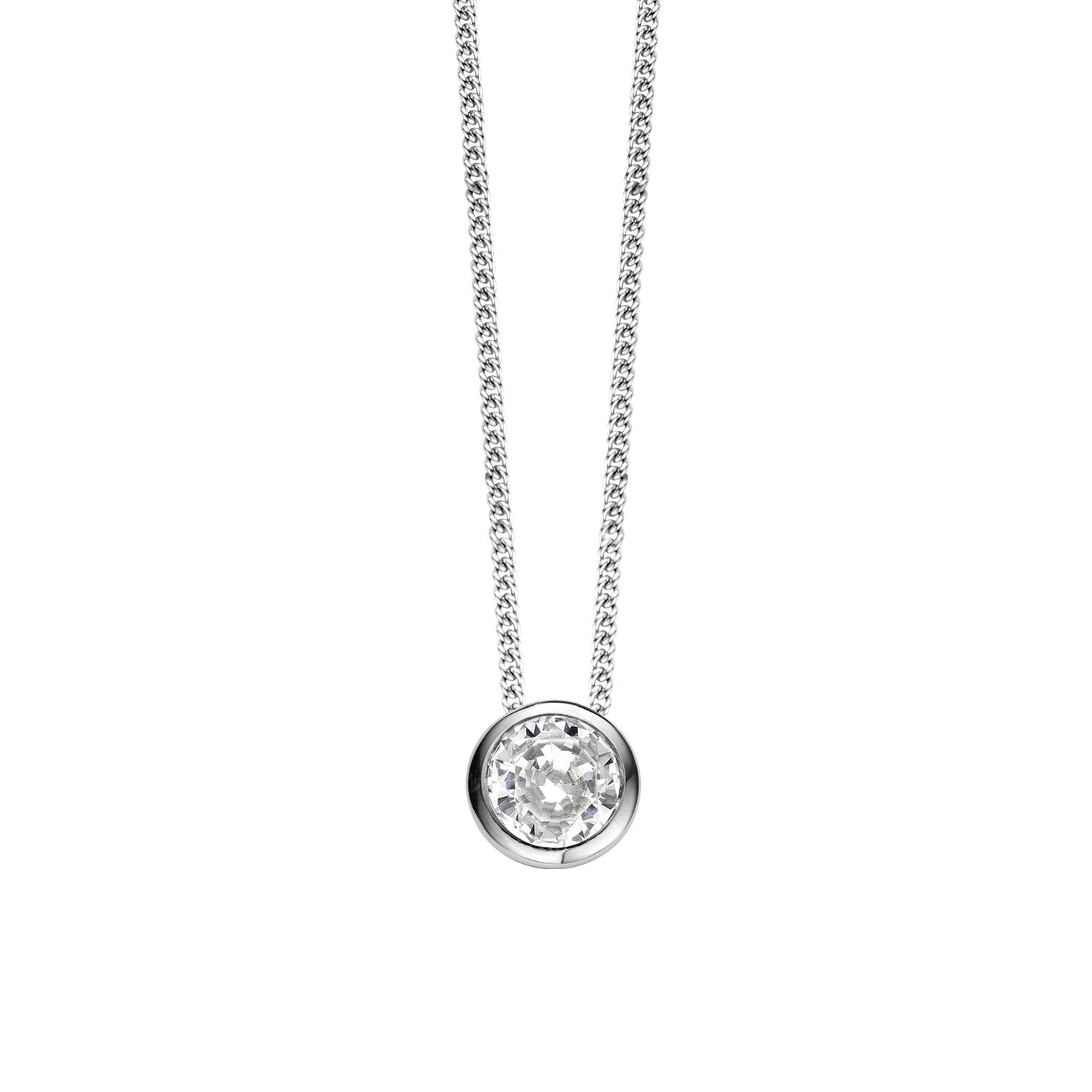 Die Ti Sento Milano Halskette - The Sparkling Pendant zeigt einen einzelnen runden Zirkonia in Lünettenfassung an einer feinen 925er Sterlingsilberkette, die vor einem weißen Hintergrund steht.