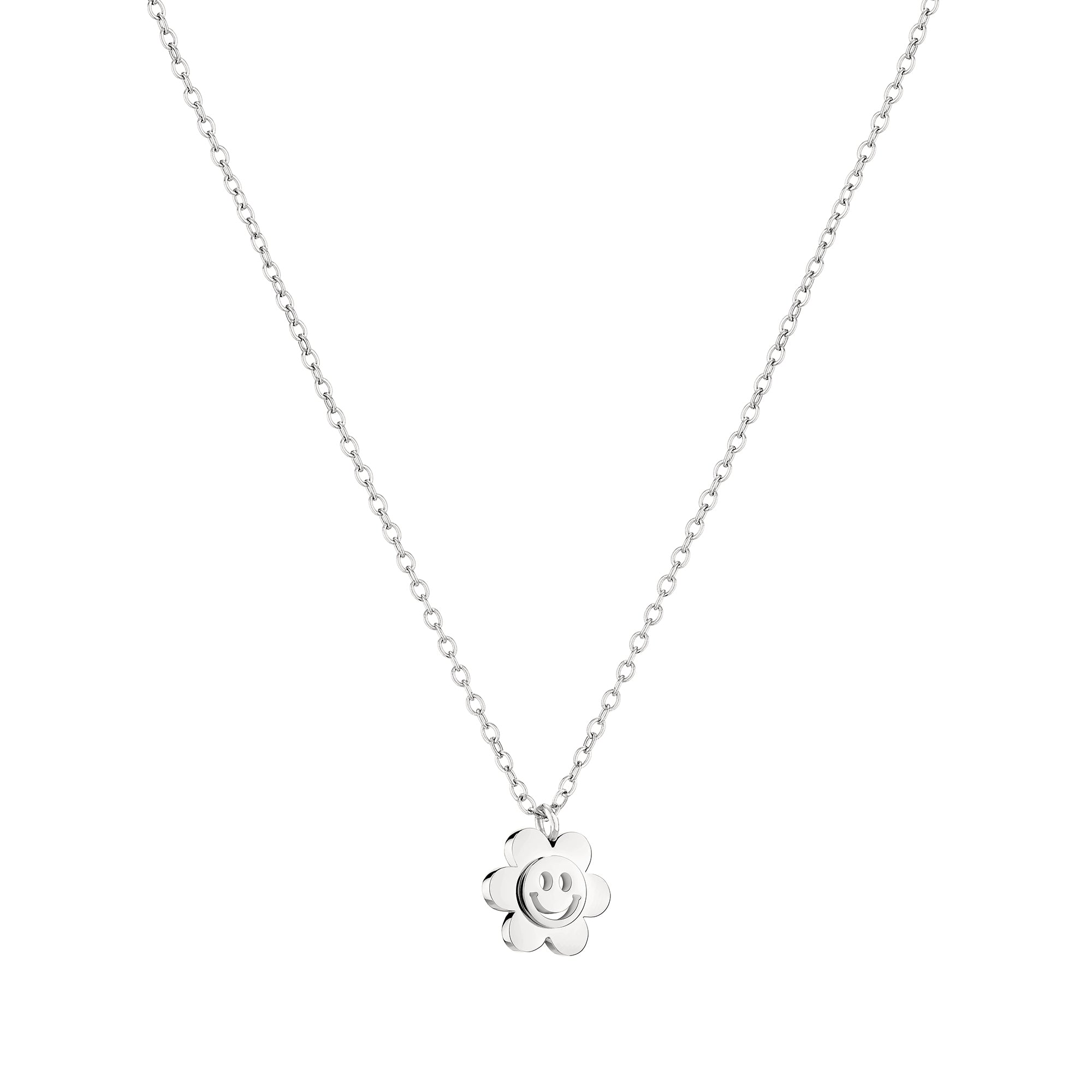 Die Cool Time Kids Halskette - The Cool Smiley von Cool Time ist ein blumenförmiger Smiley-Anhänger an einer zarten Ankerkette, der jeder Schmucksammlung eine fröhliche Note und alltägliche Eleganz verleiht.