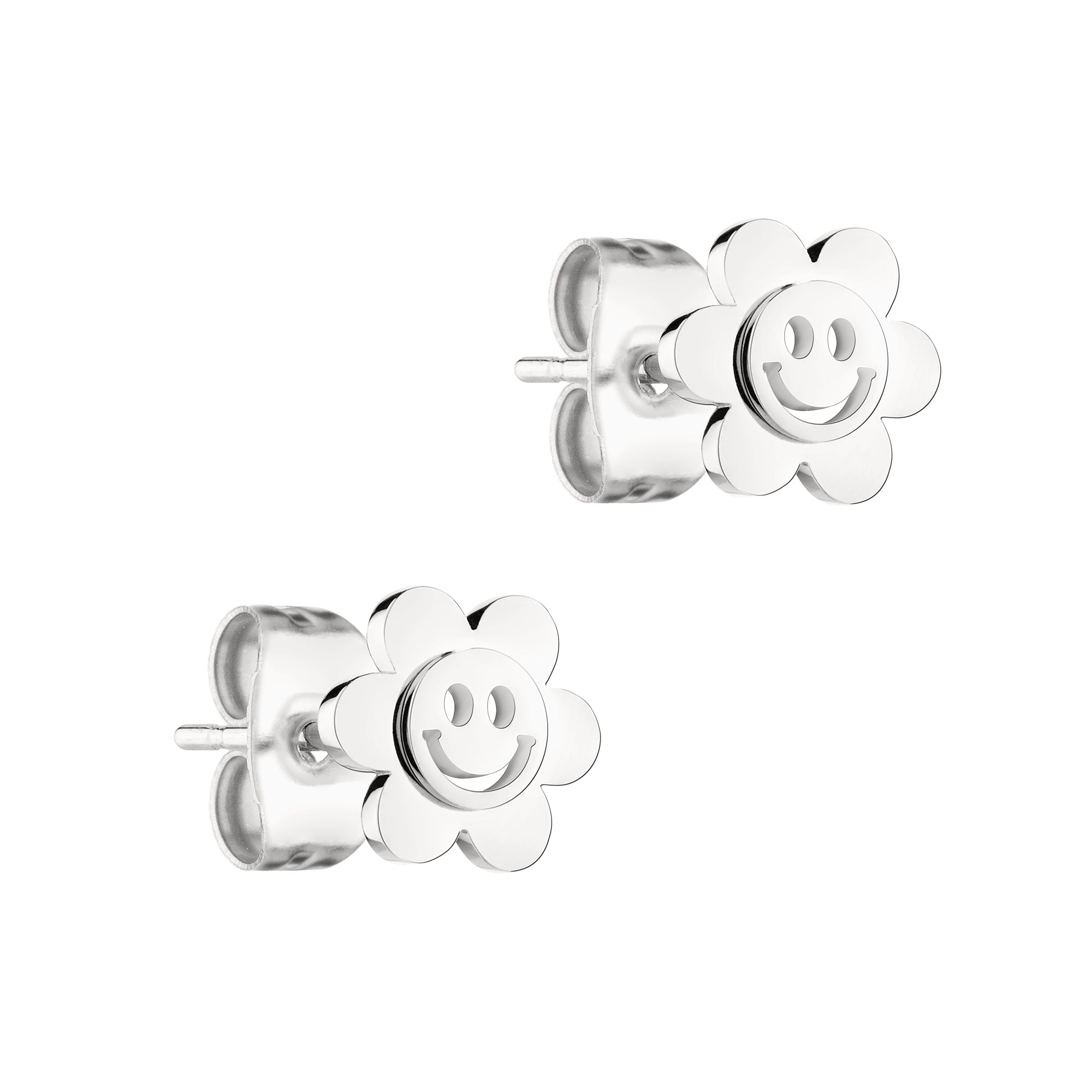 Bringen Sie Ihren Look zum Strahlen mit dem Cool Time Kids Ohrstecker - The Cool Smiley von Cool Time: Silberne Ohrstecker in Form von Blumen mit einem fröhlichen Smiley-Gesicht in der Mitte auf einem strahlend weißen Hintergrund.