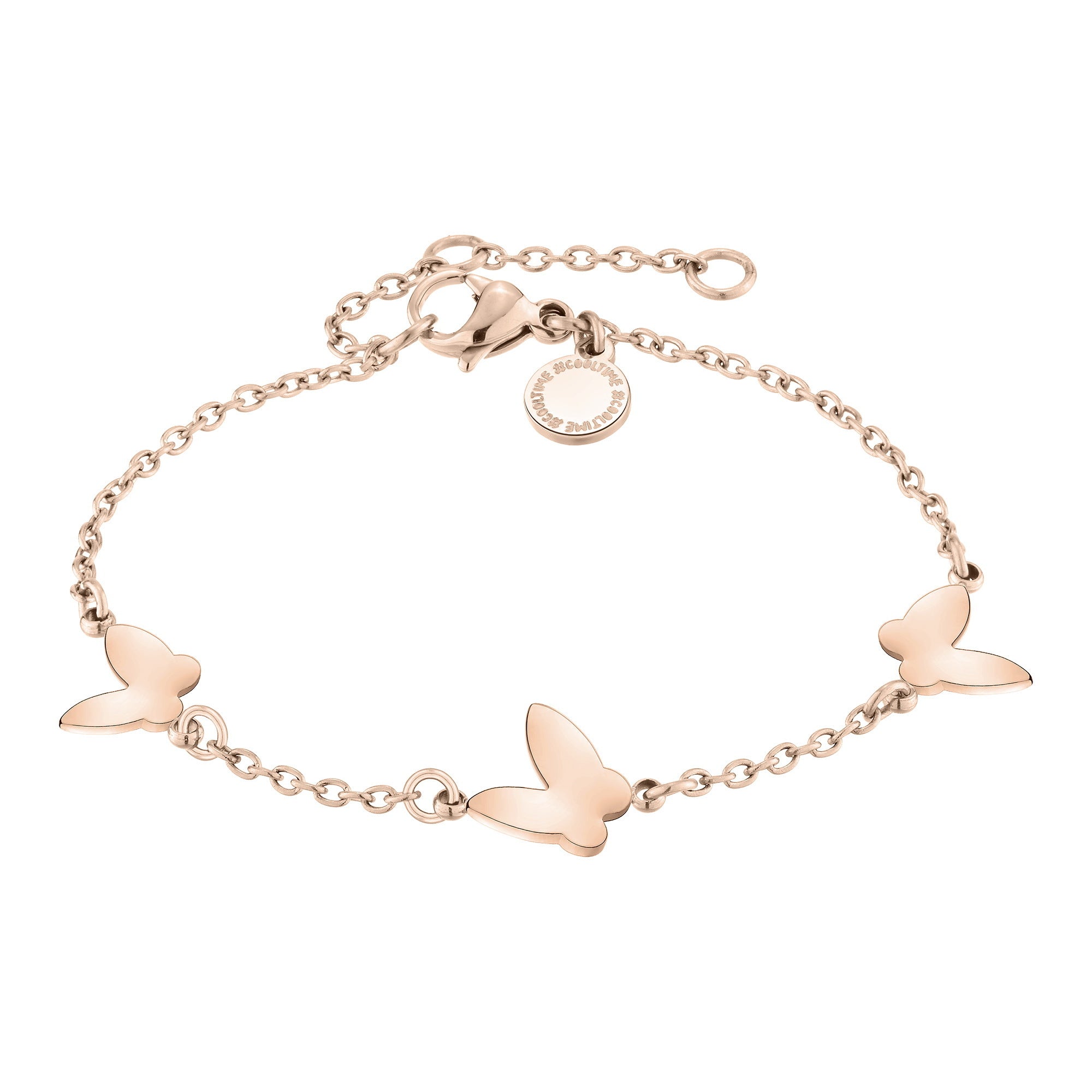 Cool Time Kids Armband - Der Cool Butterfly von Cool Time hat drei Schmetterlingsanhänger und einen kleinen runden Anhänger - ein charmantes Goldstück für jede Sammlung.