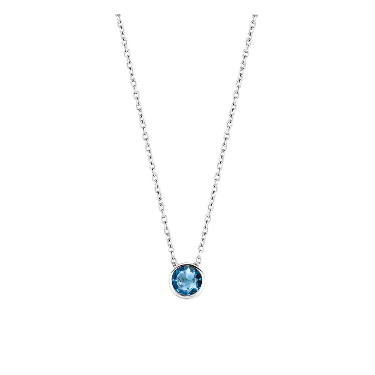 Die Ti Sento Milano Halskette - Deep Turquoise von Ti Sento Milano besteht aus 925er Sterlingsilber und besticht mit einem runden, tief türkisfarbenen Kristall-Anhänger vor weißem Hintergrund.