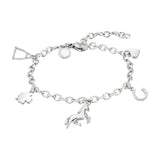 Cool Time Kids Armband - The Cool Charm von Cool Time, mit Pferd, Hufeisen, Klee, Steigbügel und Herzanhänger. Dieses stylische Accessoire ist ein Must-Have für Kinder, abgebildet auf weißem Hintergrund.