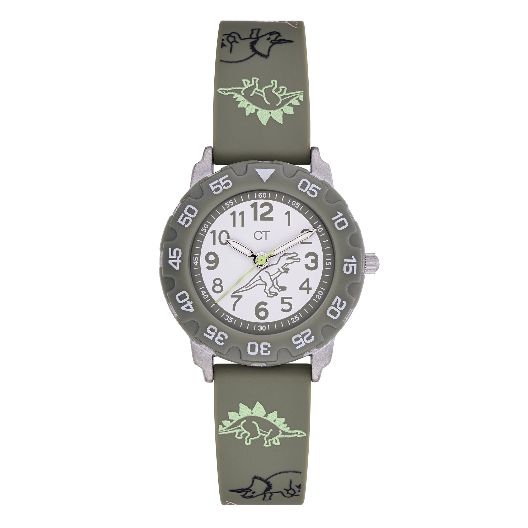 Die Cool Time Kids Armbanduhr - The Cool Dinosaur von Cool Time begeistert mit grauem Dino-Design-Armband und weißem Zifferblatt mit schwarzen Zahlen - das perfekte Geschenk für kleine Entdecker.