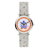 Cool Time Kids Armbanduhr mit Monster-Design auf dem Zifferblatt, silbernem Gehäuse und grauem Textilband; Produktbild