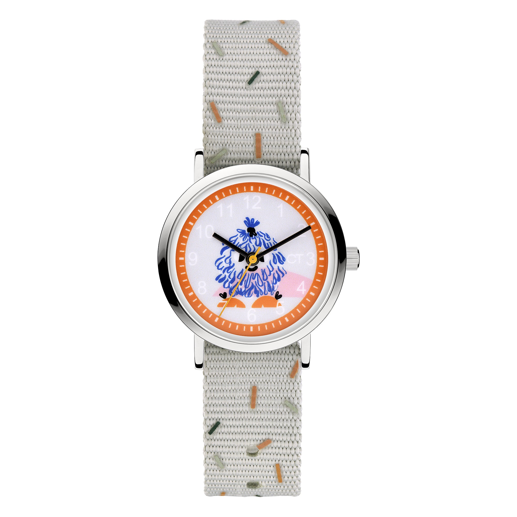 Cool Time Kids Armbanduhr mit Monster-Design auf dem Zifferblatt, silbernem Gehäuse und grauem Textilband; Produktbild